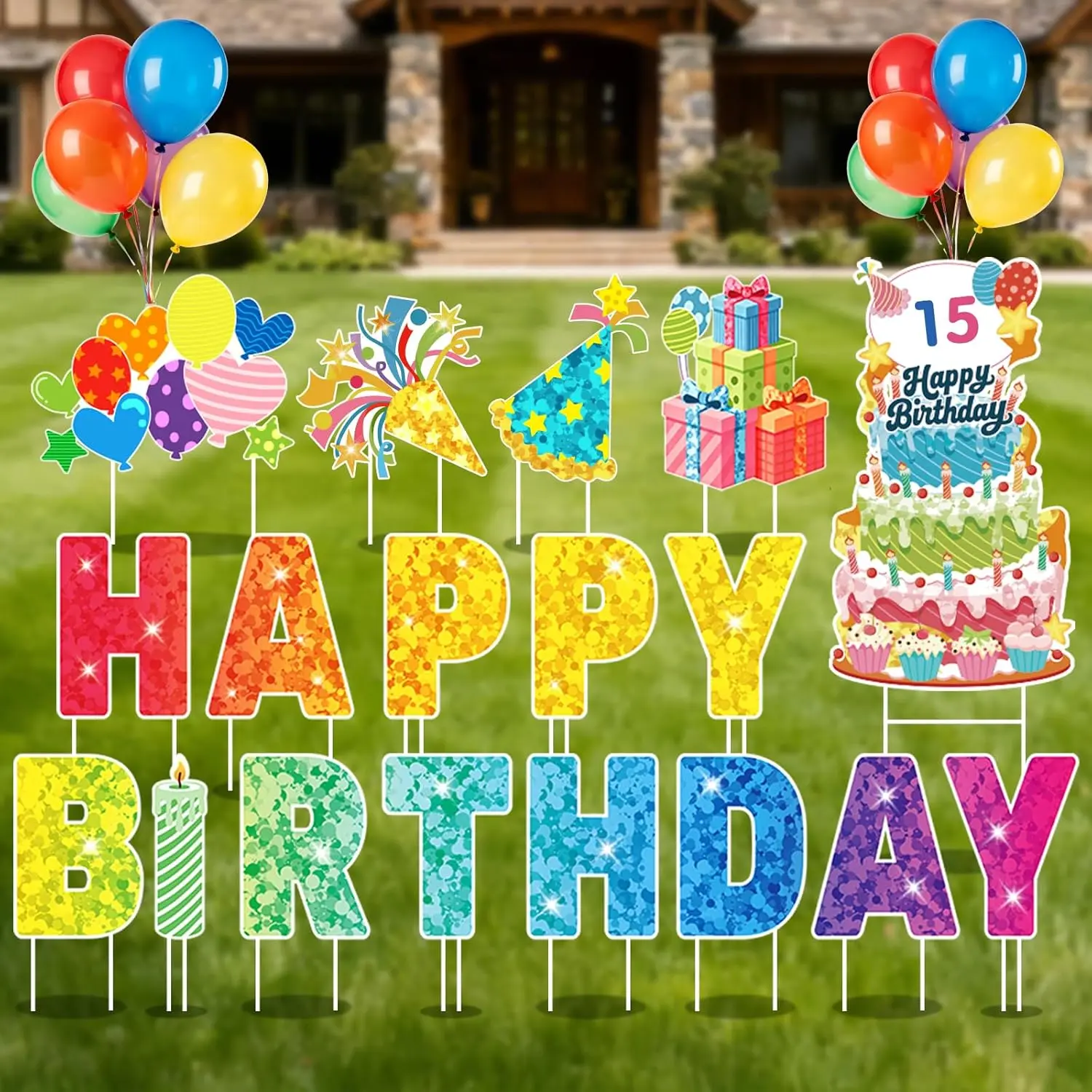 Happy Birthday Yard Signs Outdoor Decorations - 19 PCS Set with 16" Letters, 30" Large Cake Sign on H-Shaped Metal Stand, 32.8 Ft LED Lights & Stakes for Lawn Garden Party