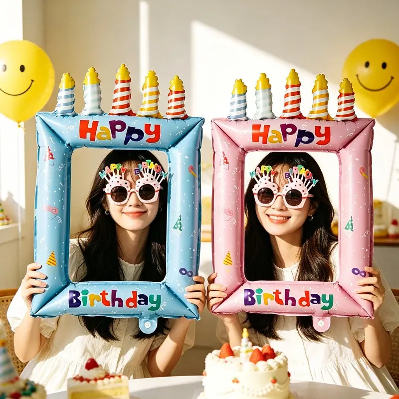 4 Pack Happy Birthday Photo Frame Foil Balloons, Free Air Pump Included, Birthday Party Selfie Props, Cute Candle Design Decorations