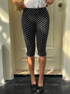 Summer Slim Fit Seven-Eleven Pants, Base Dot Pattern, Waistband Leg Edge Lace Trim Side Opening, Ideal for Young Women, Bottom