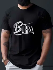 7.5oz Bubba Men's Loose Fit T-Shirt, Cartoon Letter Print, Soft Breathable Short Sleeve, Casual Sport Top, All Season Gift