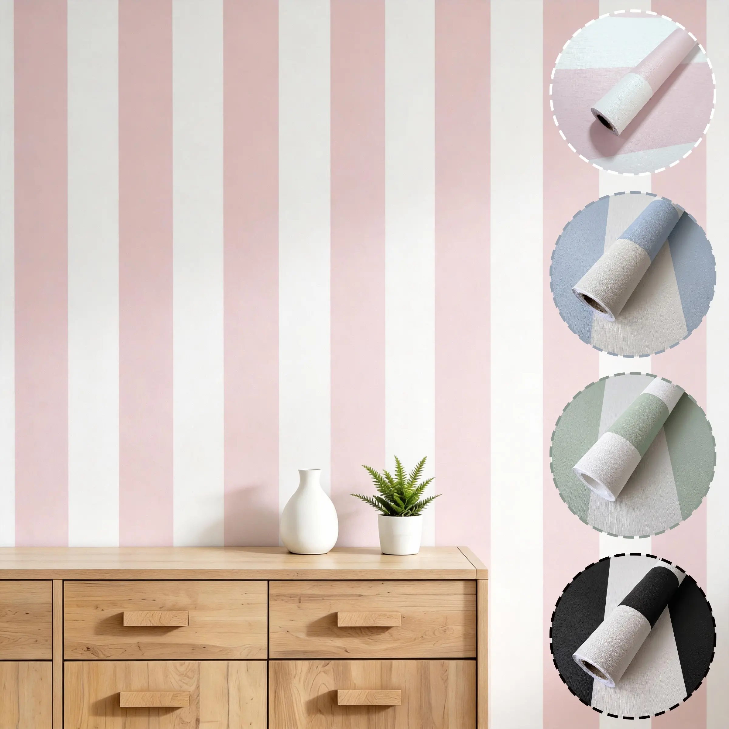 1 Roll Self-Adhesive Modern Vertical Striped Wallpaper, 4 Colors (Pink/White, Blue/White, Green/White, Black/White), 40cm/15.7" Wide Waterproof, for Bedroom & Rental Apartment Renovation