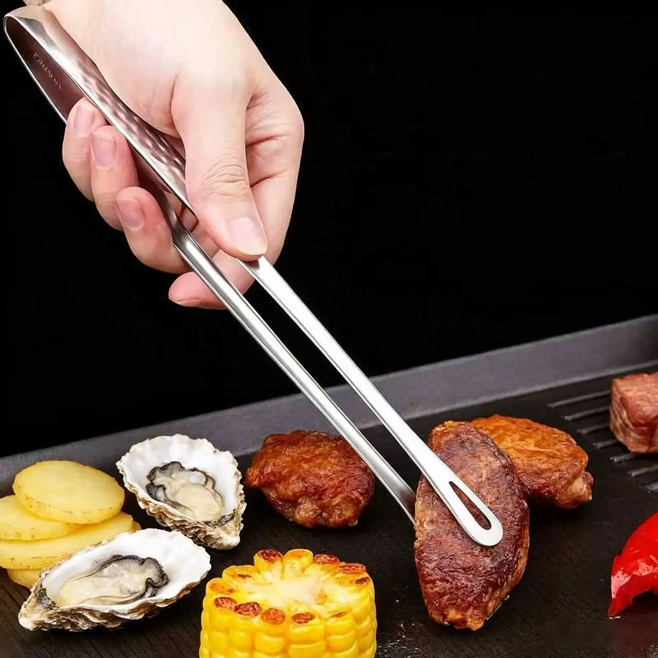 Heavy Duty Anti-Rust Stainless Steel Korean BBQ Tongs Ergonomic Handle Portable Grill Clip Steak Salad Camping Cooking Tool