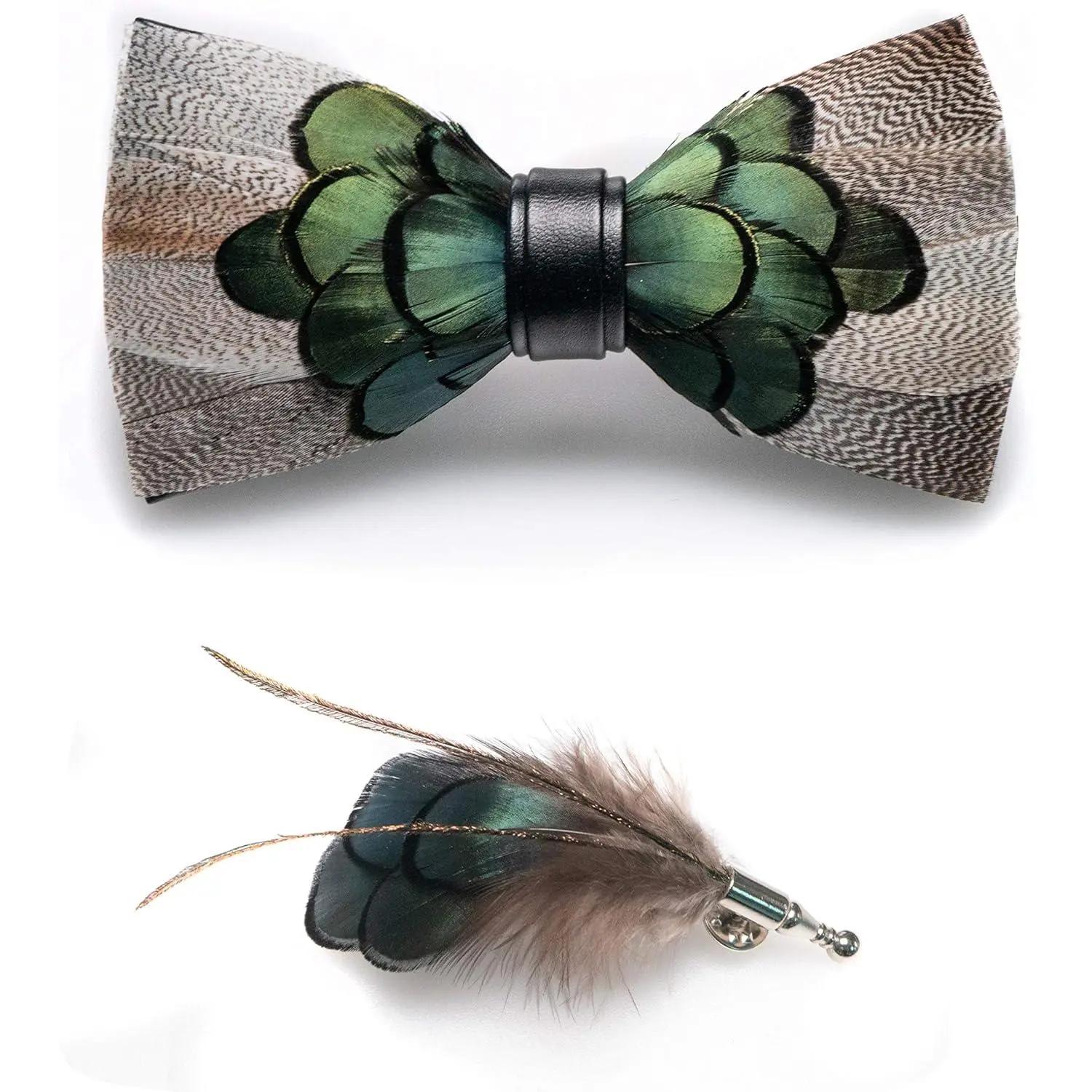 Men's Handmade Feathered Bow Pre-Tied Set with Brooch, Fashion Clothes Accessory for Formal Occasions
