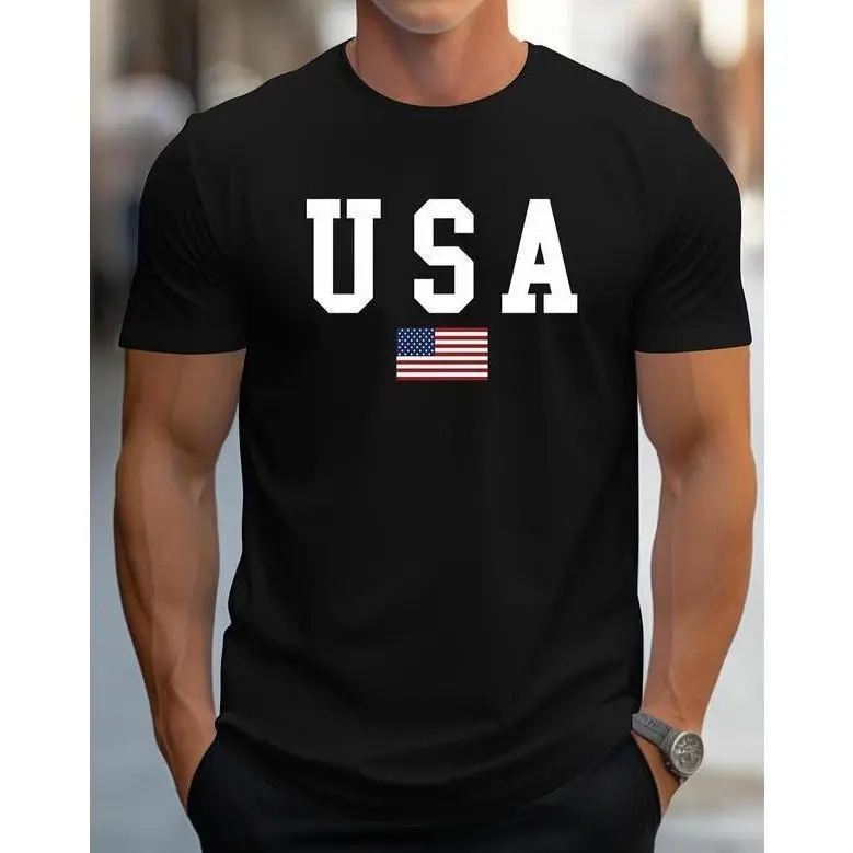 Men's American Flag Golf Polo Shirt, a Casual Short Sleeve Top in Comfortable Slight Stretch Knit with a Regular Fit, Knit Fabric, Athletic Tops