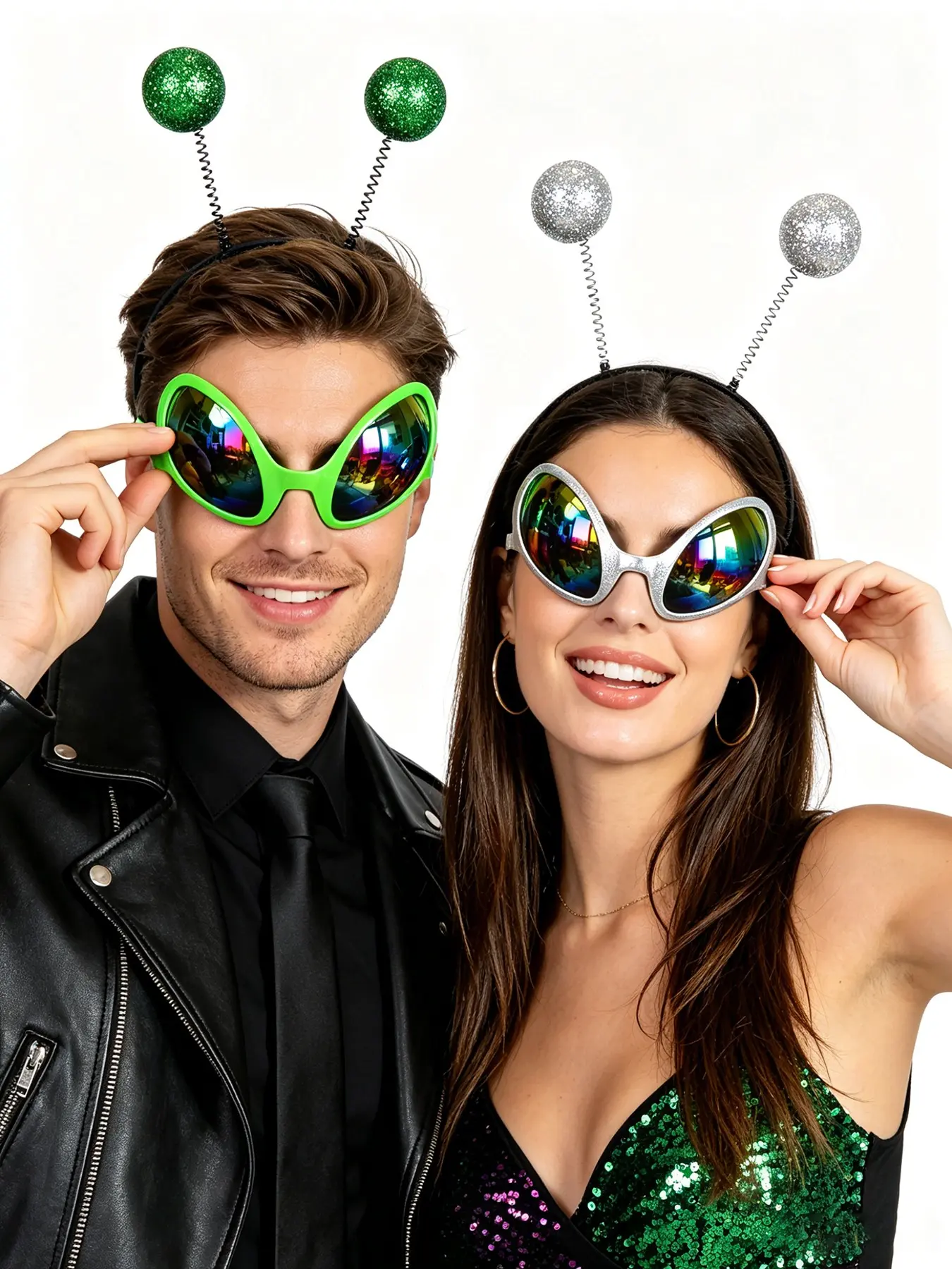 Unisex Alien Antenna Headband & Novelty Glasses 4-Piece Set, Silver Glitter Sparkling Ball Boppers, Halloween Cosplay Accessories