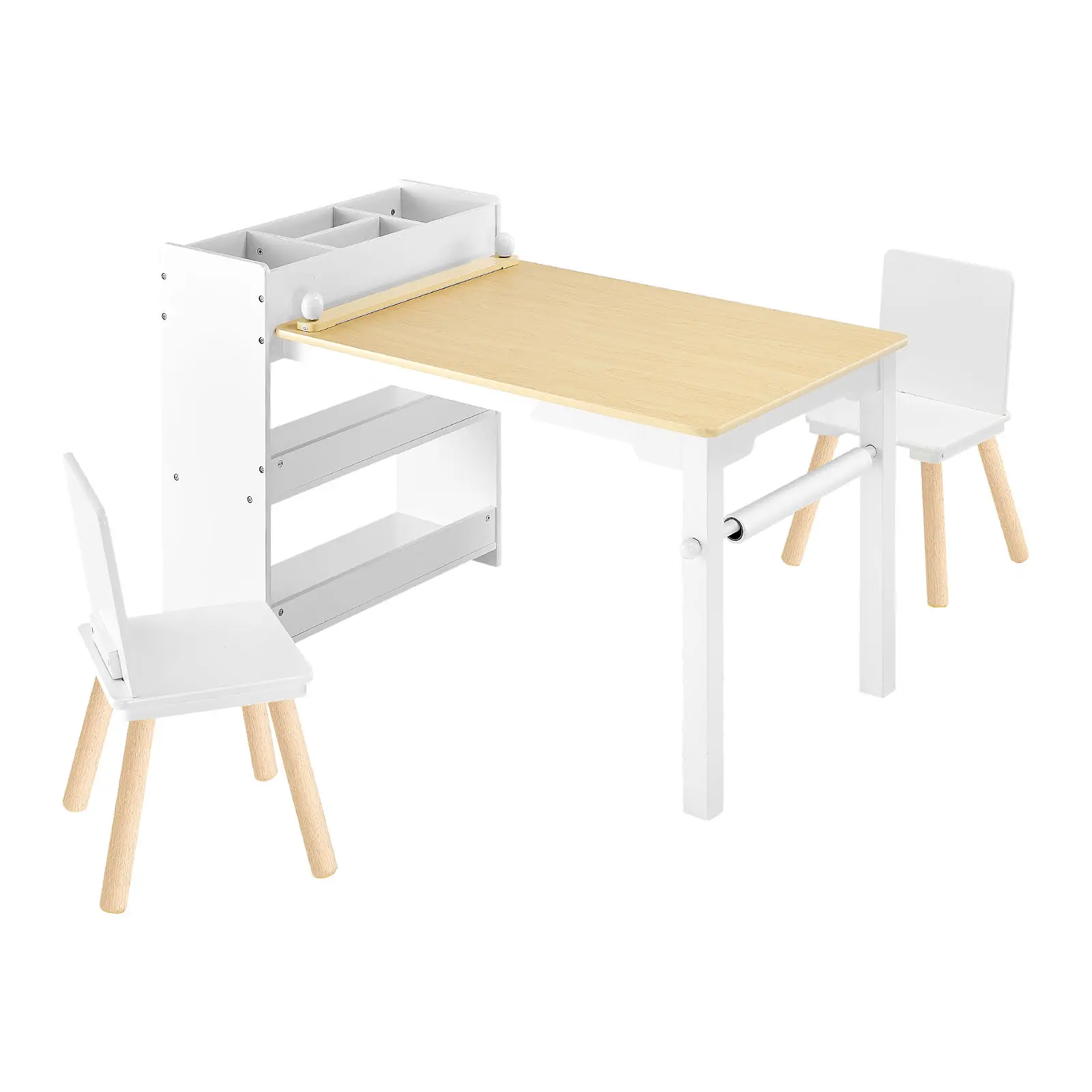 Kids Art Table and Chair Set, Toddler Craft Table with 3 Tiers Storage Cabinet, Wooden Kids Activity Play Desk with 2 Chairs, Art Craft Play Desk for Reading, Learning, Drawing, Writing, White