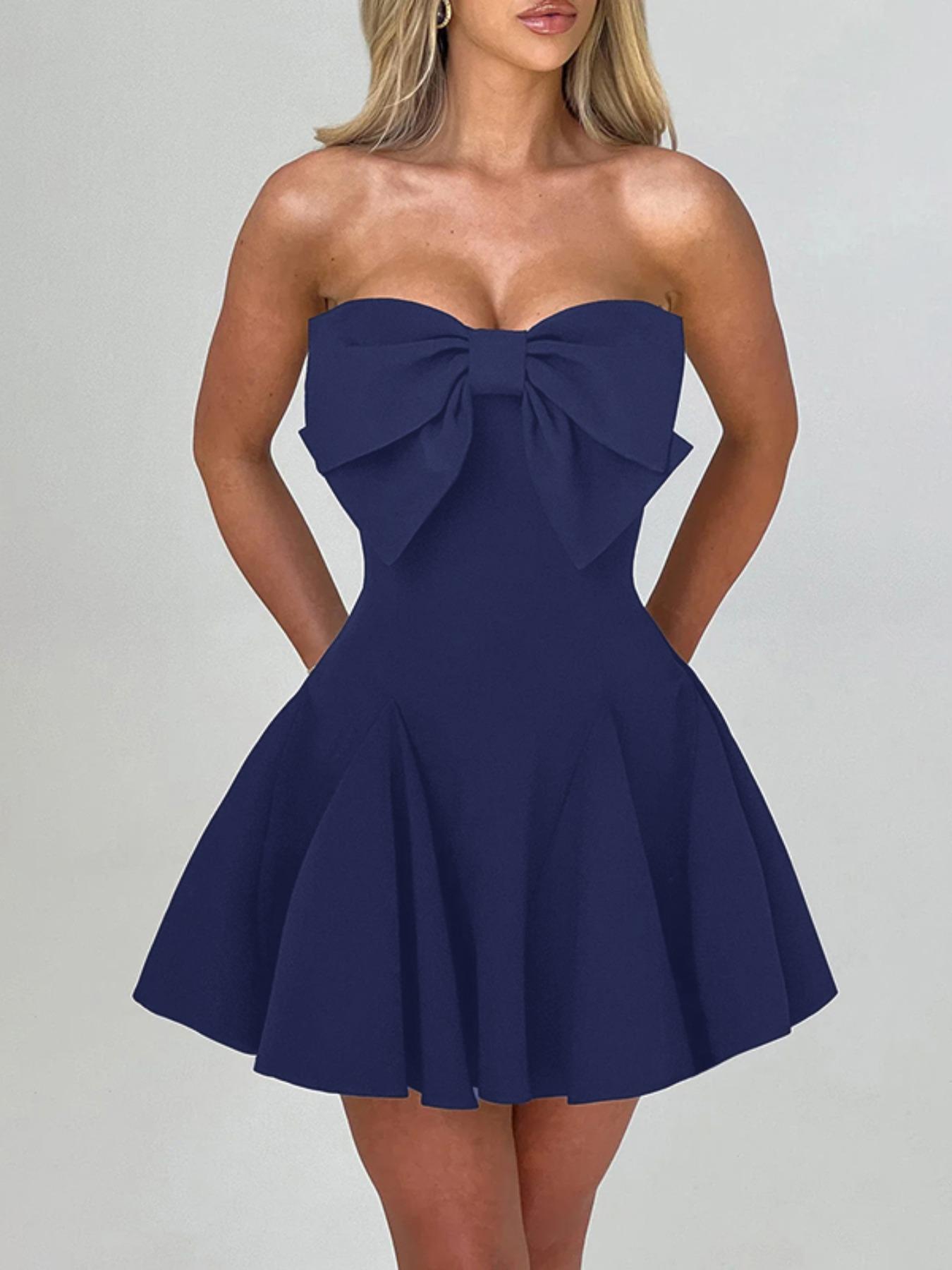 Women's Bow Decor Backless Tube Short Fitted Dress, Fashion Casual Strapless Sleeveless Fit and Flare Dress for Daily Outdoor Wear, Women Dress for Spring Fall