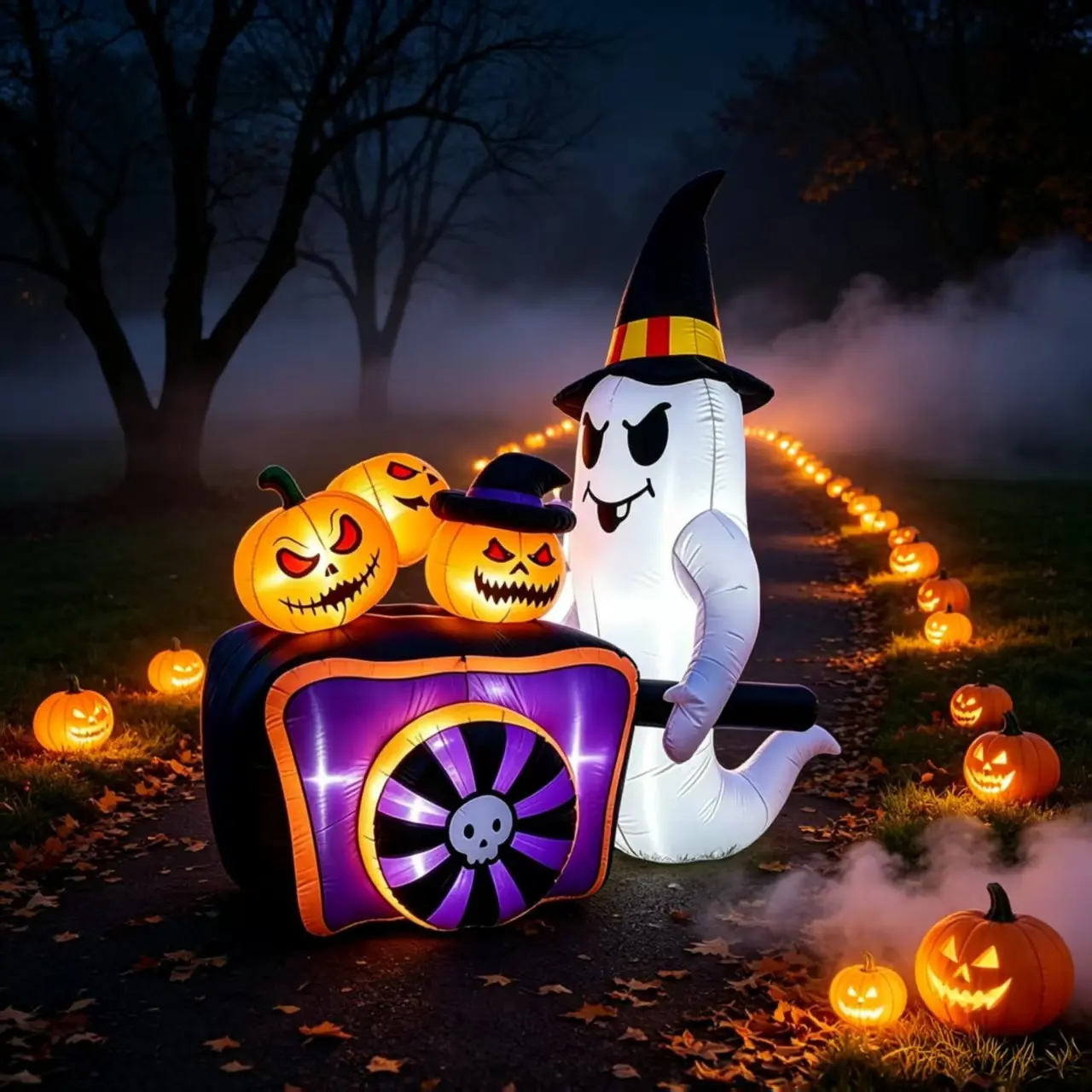 1.5 Meter Glowing Ghost Pumpkin Cart Inflatable, Halloween Outdoor LED Decor, Garden Party Ghost Cart Festival Inflatable Decoration