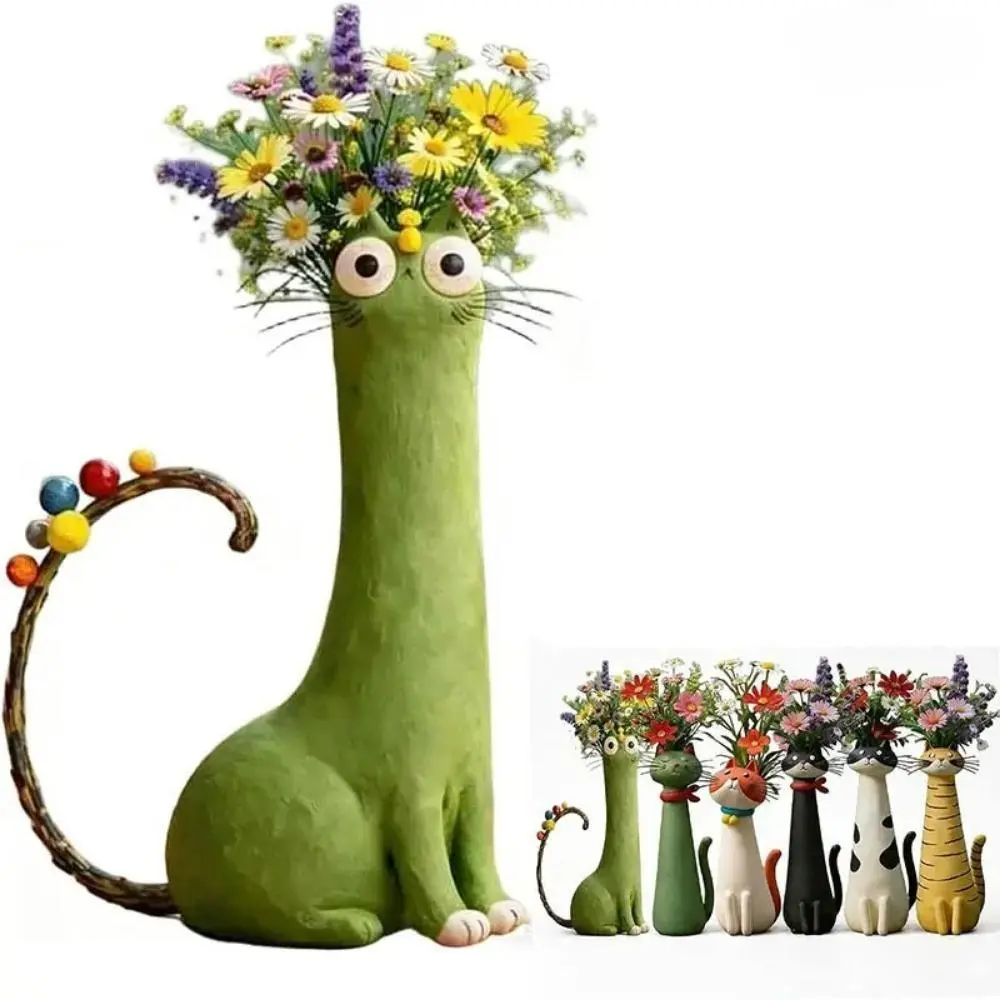 Boho Cat-Shaped Synthetic Resin Flower Vases, a Whimsical Long-Neck Decorative Vase for Flowers, Desktop Home Decor Gift for Cat Lovers, Home Decor Accessory, Boho Vase