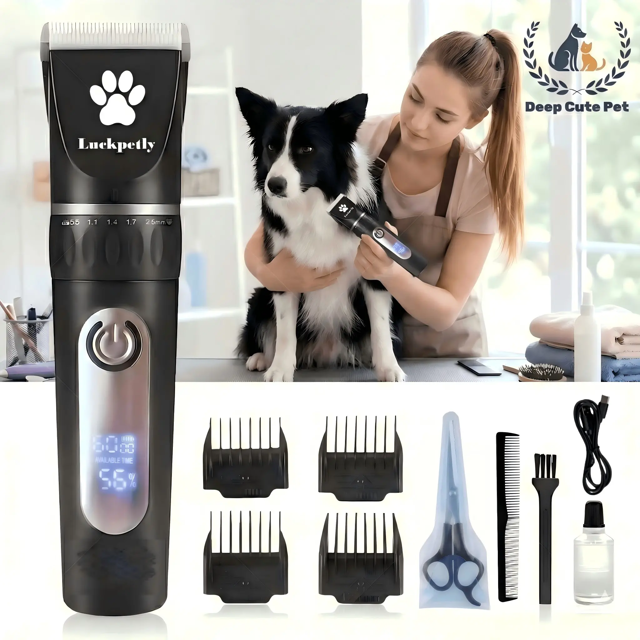 Electric Pet Clipper with Ceramic Blade, High-Speed Low Noise, LCD Display, Includes Scissors and Comb, Groomer Tools for Dogs, Cats, Sheep, Horses