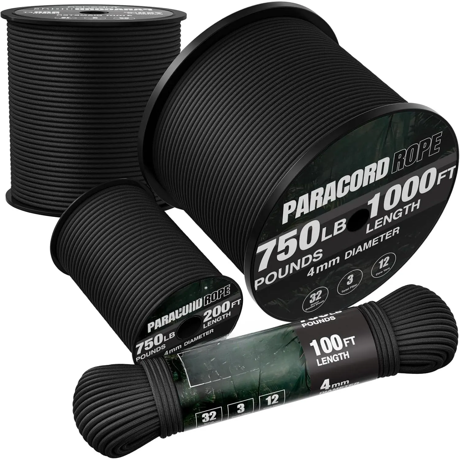 Rope 750 lb - 1000ft / 500ft / 200ft / 100ft 5/32" Parachute Cord 4MM 12-Strand para Cord - Heavy Duty Spool String for Survival,Camping Gear, Survival Bracelet, Clothesline