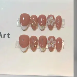 10 Pieces Handmade Press-On Nails, Acrylic Fake Nails, Short Almond Shape with Hand Carved Details, Soft Nude French Style, Made of Acrylic, suitable for daily life, parties