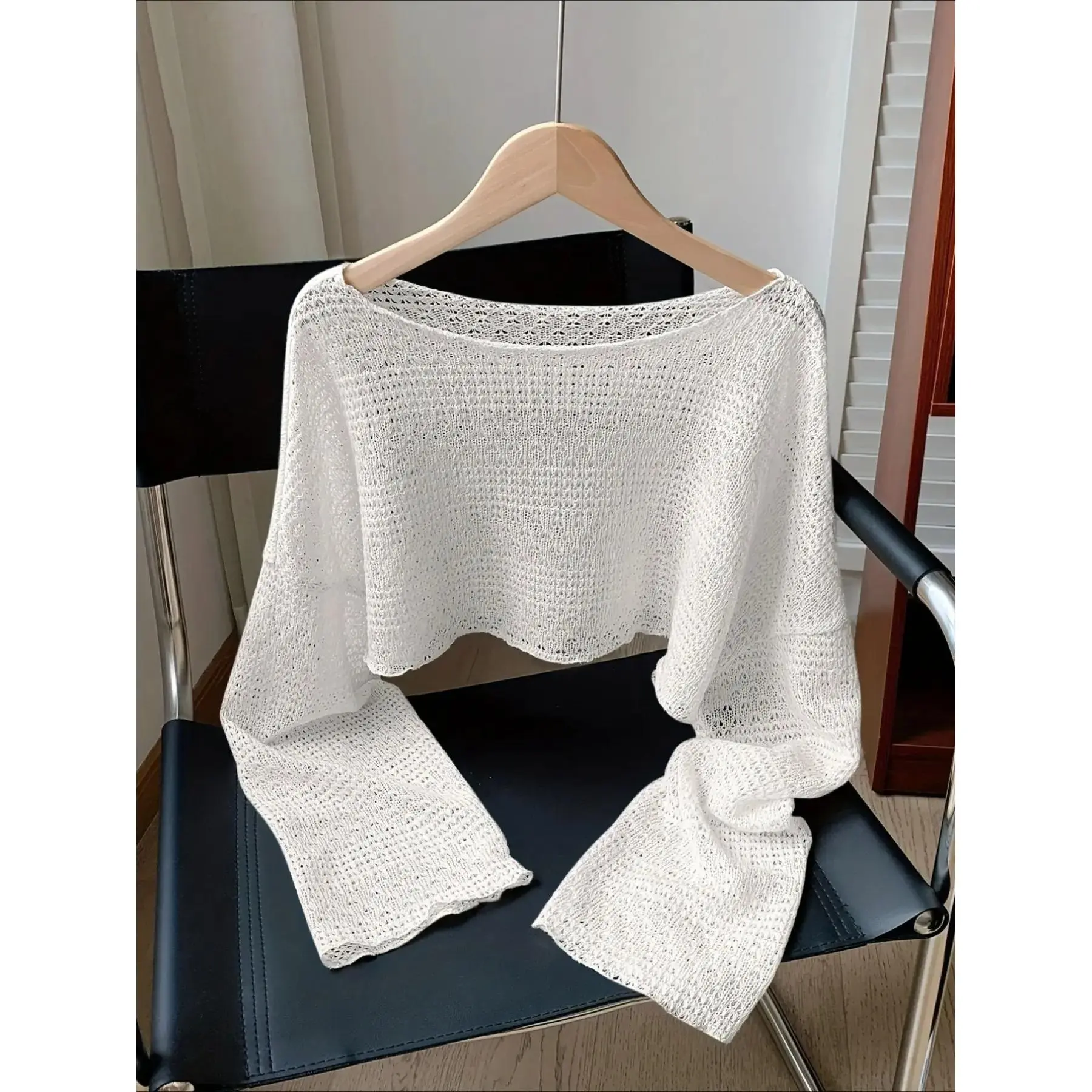 Women's Plain Lady Crochet Hollow Out Round Neck Sweater, Casual Long Sleeve Loose Fit Crop Jumper for Spring & Fall, Fashion Women's Knitwear for Daily Wear, Tops, Womenswear Knitting, Knitted Casual Top