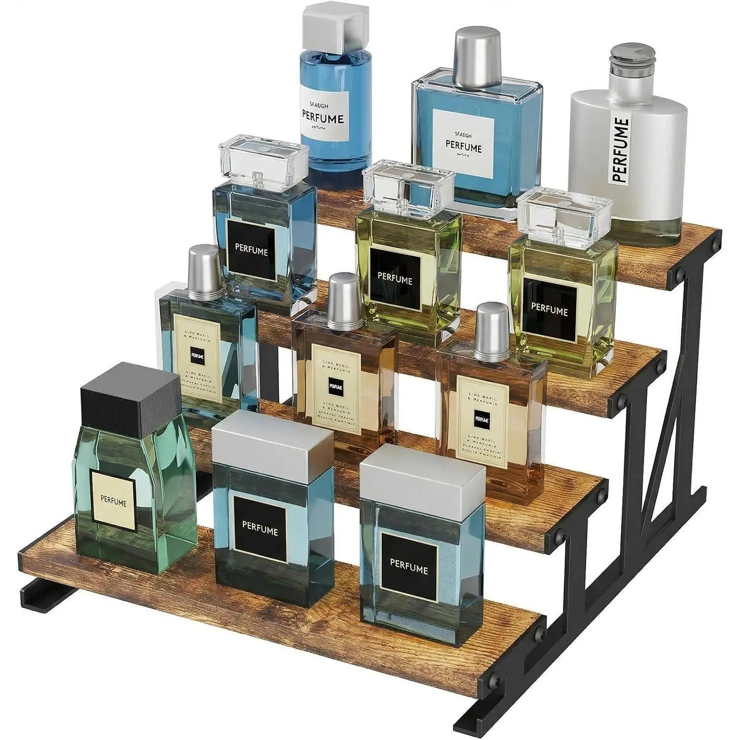 Rustic Brown Wooden Men's Cologne Organizer - 9.9 in Display Riser, 1 Count, Storage Rack for Perfume, Aftershave, Bedroom & Bathroom Countertops, Installation-Ready, Metal-Accent Kitchen Compatible Holder