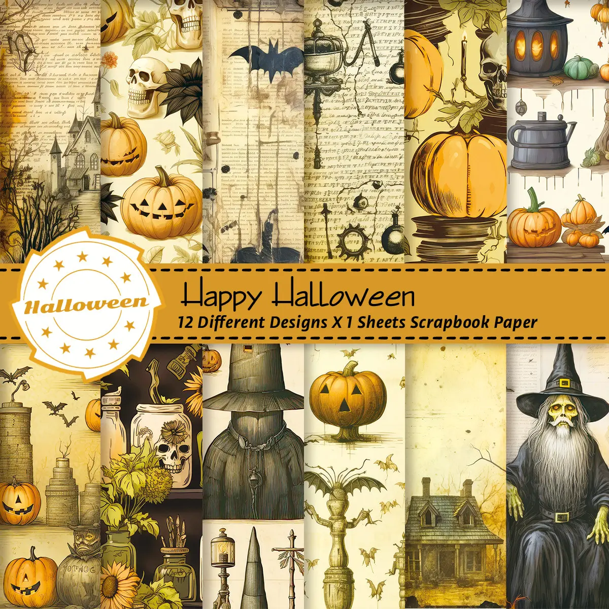 12pcs Halloween Theme Scrapbook Paper, Vintage Pumpkin Skull Witch Bat Background Paper, Decorative Craft Paper for Junk Journals, Card Making, Origami, Photo Albums & Party Decorations