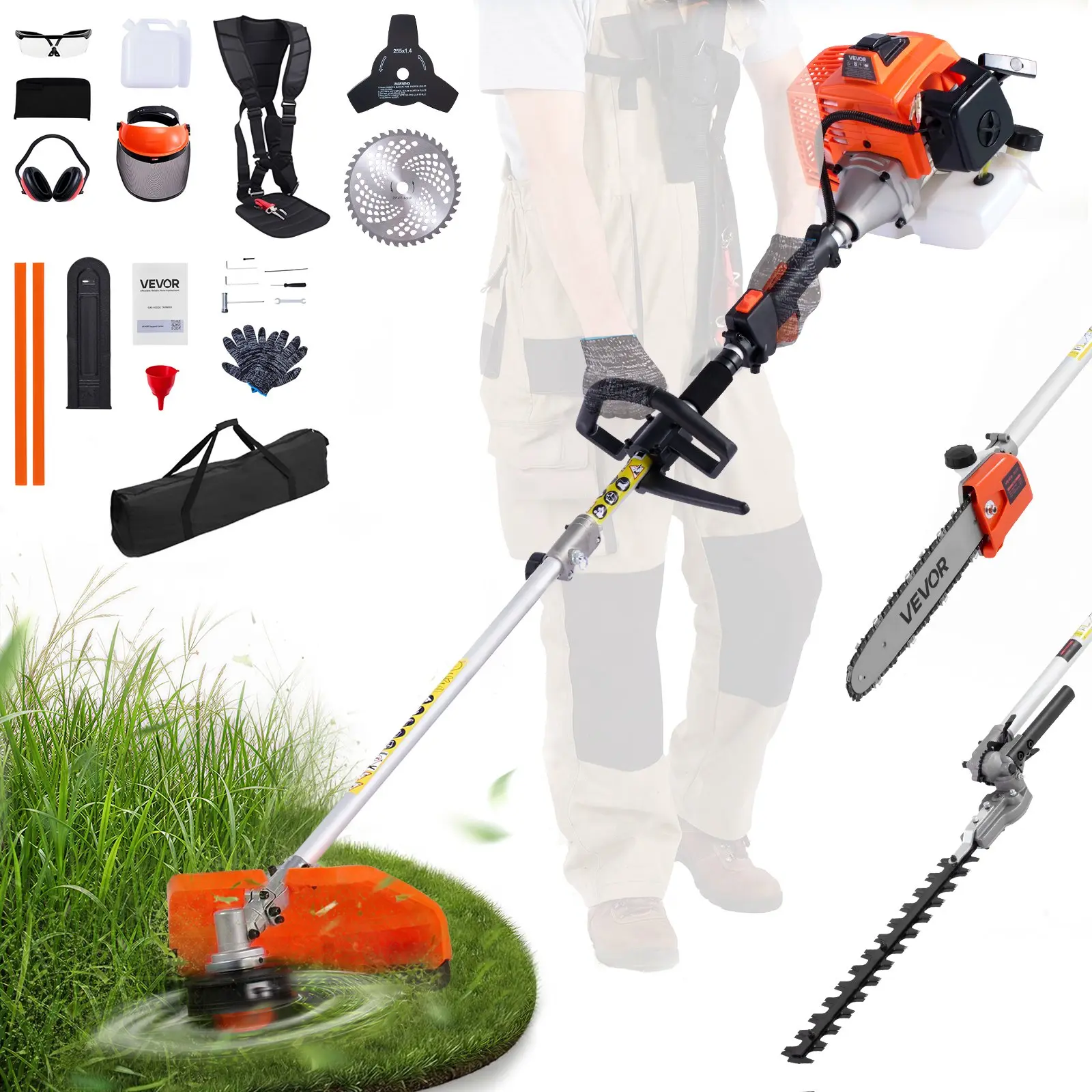 VEVOR Gas Hedge Trimmer, 2 Cycle Gas Power Handheld Hedge Trimmer, 5-in-1 63cc Cordless Weed Eater with Protective Gear Set, Includes Hedge and String Trimmer, Brush Cutter(3T 40T Blades), Pole Saw