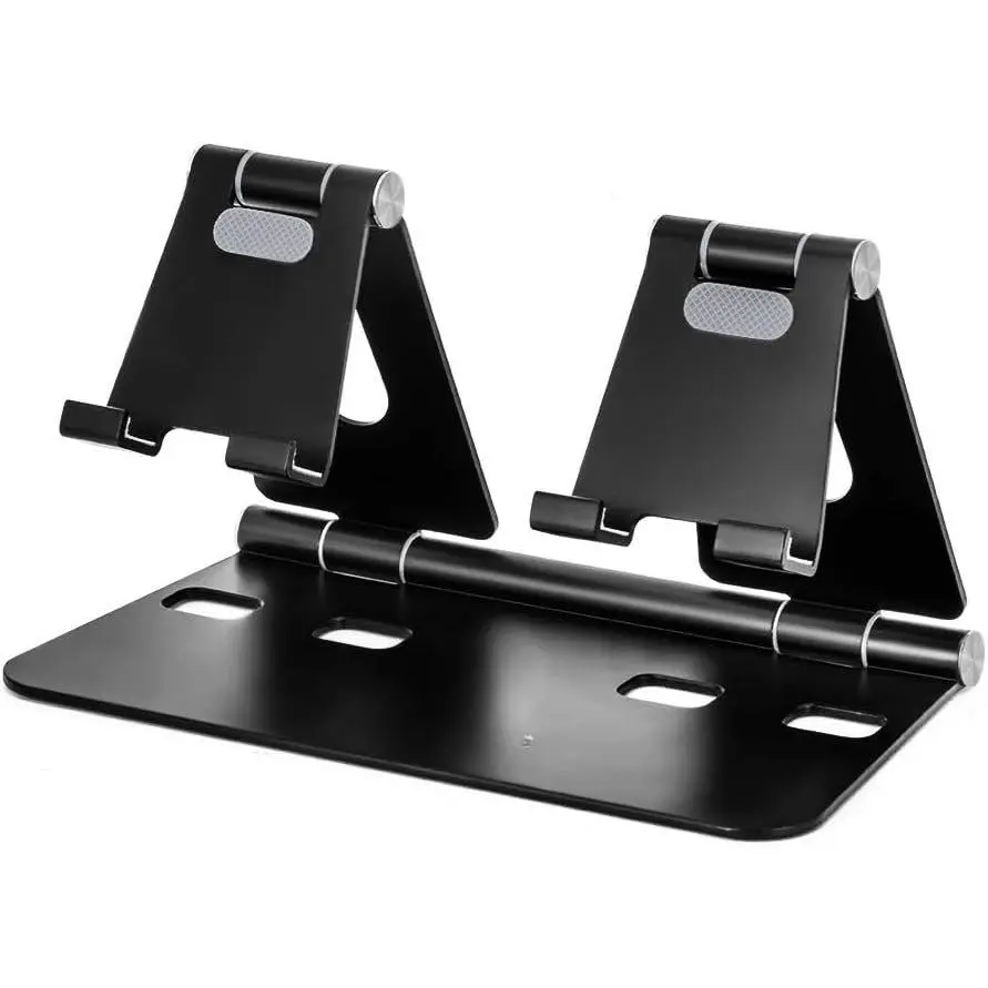 Adjustable Tablet Stand, iPad/Cell Phone Holder for Desk,  Alloy Stand Holder for 2 Phones or a Tablet/Kindle, Sturdy  Stands, Foldable and Portable, Black