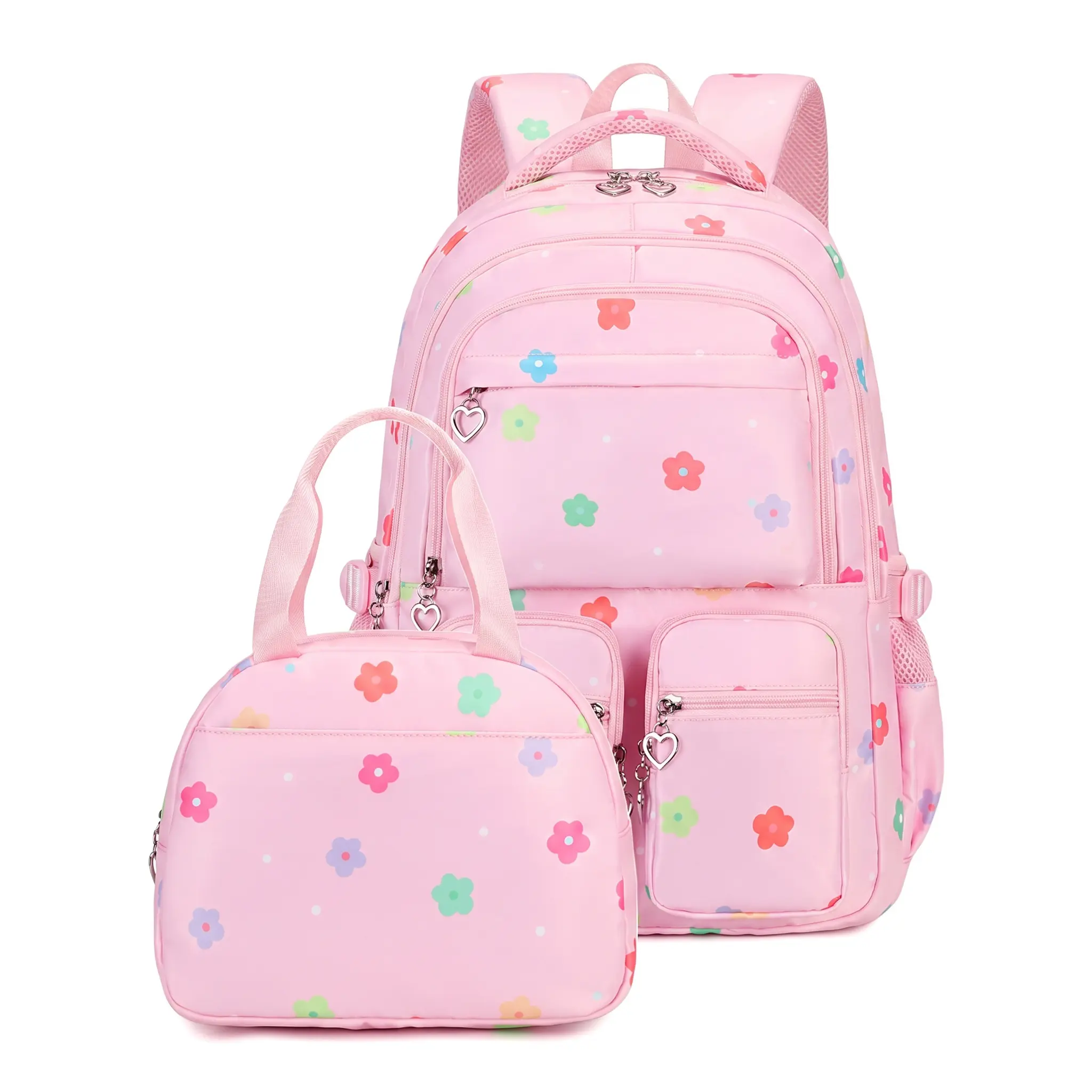 Kawaii Aesthetic Floral Backpack Set for Teen & Young Adult Women, Waterproof Nylon College Bookbag with Insulated Lunch Pouch, Multi-Pocket Laptop Bag with Heart Zipper Pulls, Padded Breathable Back (Pink, Purple, Green)