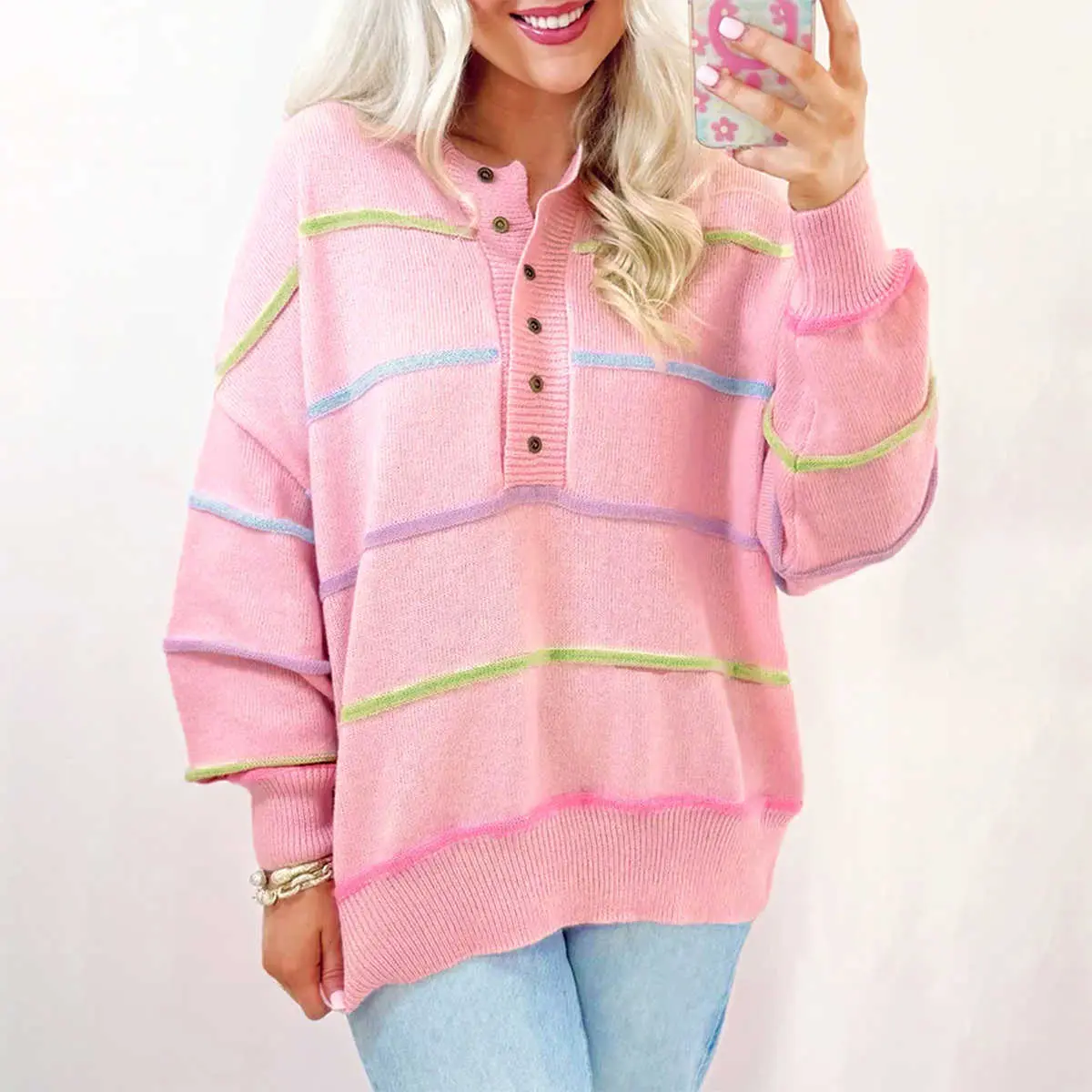 BF Women's Pink Rainbow Striped Oversized Knit Crew Neck Drop Shoulder Loose-Fit Long-Sleeve Cozy Casual Pullover Top