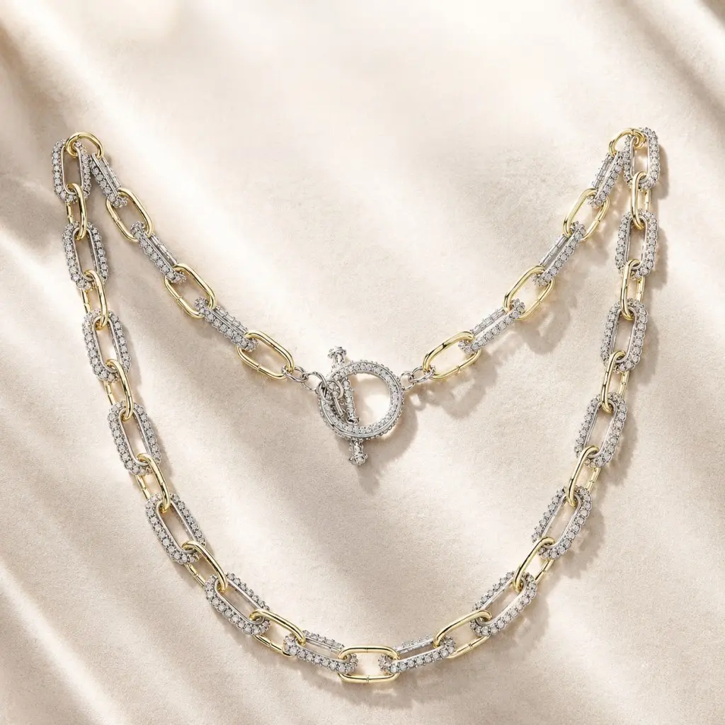 Women's 2-Tone Gold-Silver Bamboo Link Toggle Necklace - Cubic Zirconia Paved Paperclip Chain, Hypoallergenic Zinc Alloy Layerable Choker, Bamboo Shape Geometric Pattern elegant Jewelry gift for Females, Everyday Wear, Party Gifting