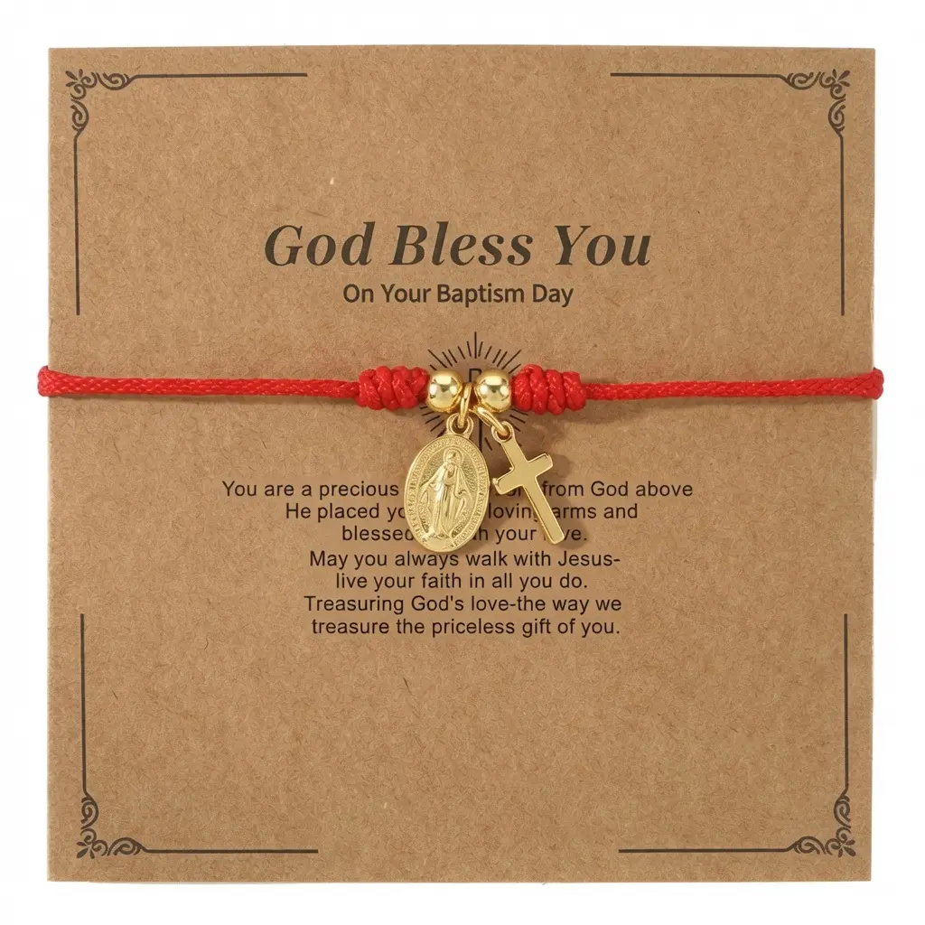 Unisex Red Braided Rope Bracelet - Adjustable, with Gold Miraculous Medal, Religious Cross Charm - Religious Fashion Costume Jewelry for Daily Wear, Braided Bracelet
