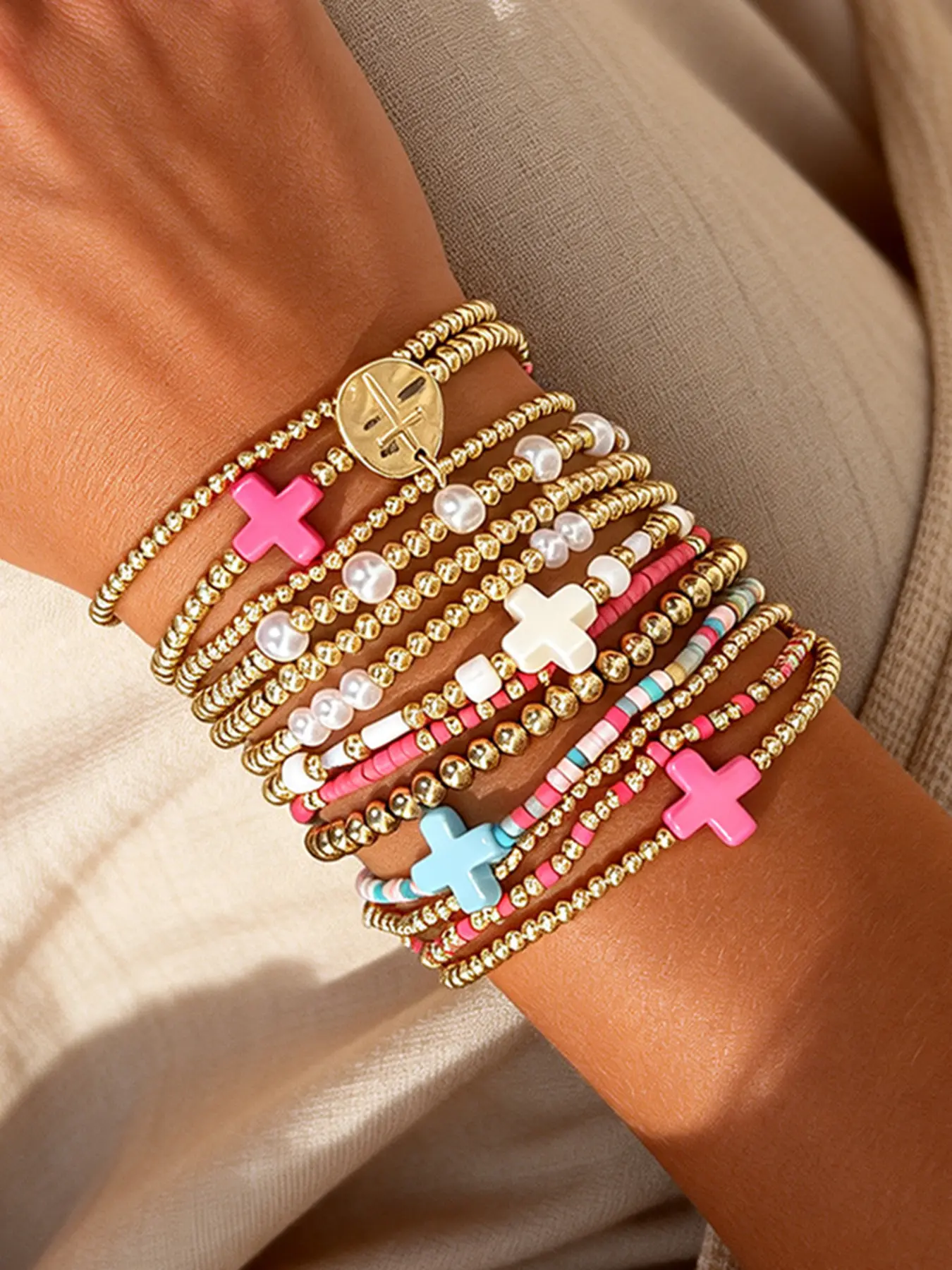 13-Piece Fashion Ccb Set with Imitation Pearls, Colorful Bead Bracelets, Cross Decor Multi-Layered Wristbands, Stackable Bangle Bracelets, Women's Accessories, Beaded Bracelet Set