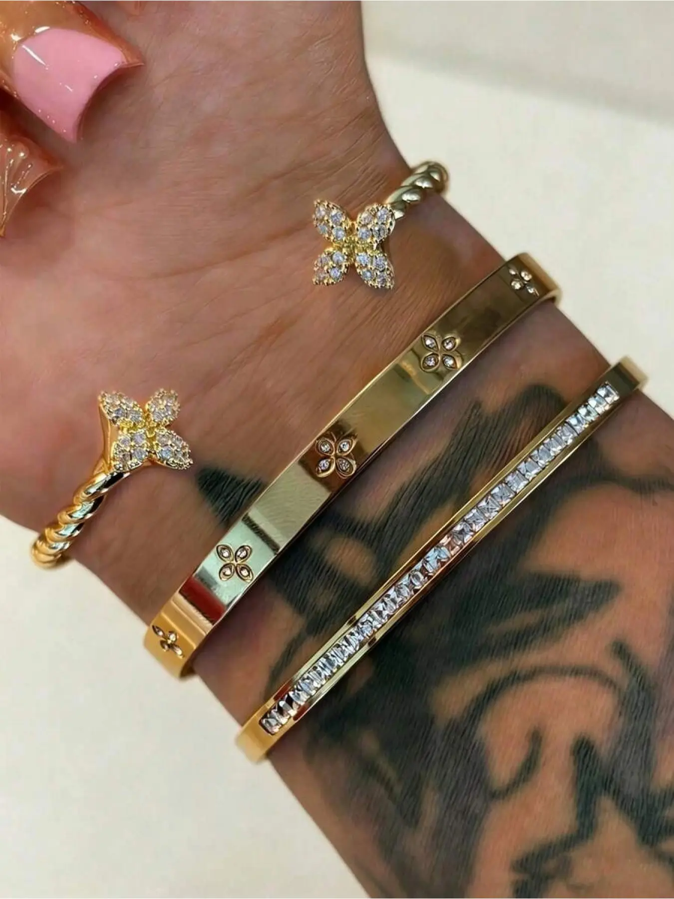 3-piece set of 18K gold-plated stainless steel crystal bracelets, women's fashionable daily wear bracelet set, Fashion Wrist Jewelry, a great choice for holiday gifts