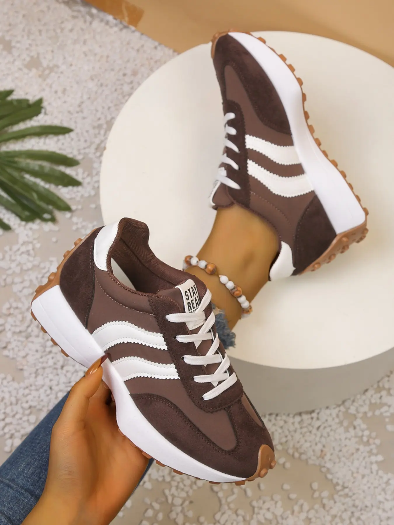 Women's Retro Colorblock Thick Sole Platform Shoes, Lace-Up Striped Patchwork Slope Heel Casual Board Sneakers, Comfortable Anti-Slip Streetwear