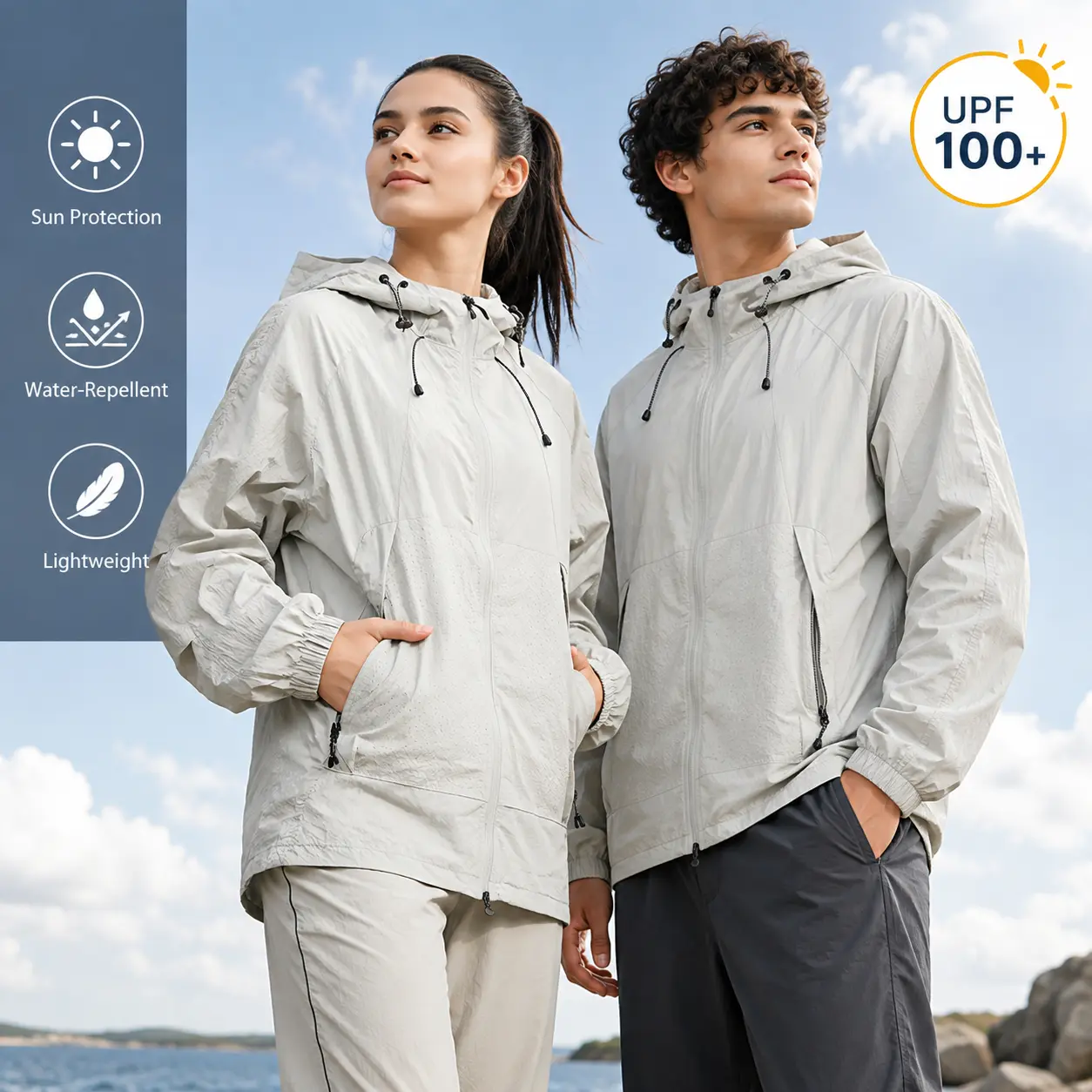 Unisex UPF 100+ Sun Protection Jacket, Lightweight Hooded Windbreaker, Oversized Breathable Summer Outdoor Jacket with Zipper Pockets for Running, Hiking, Travel & Beach