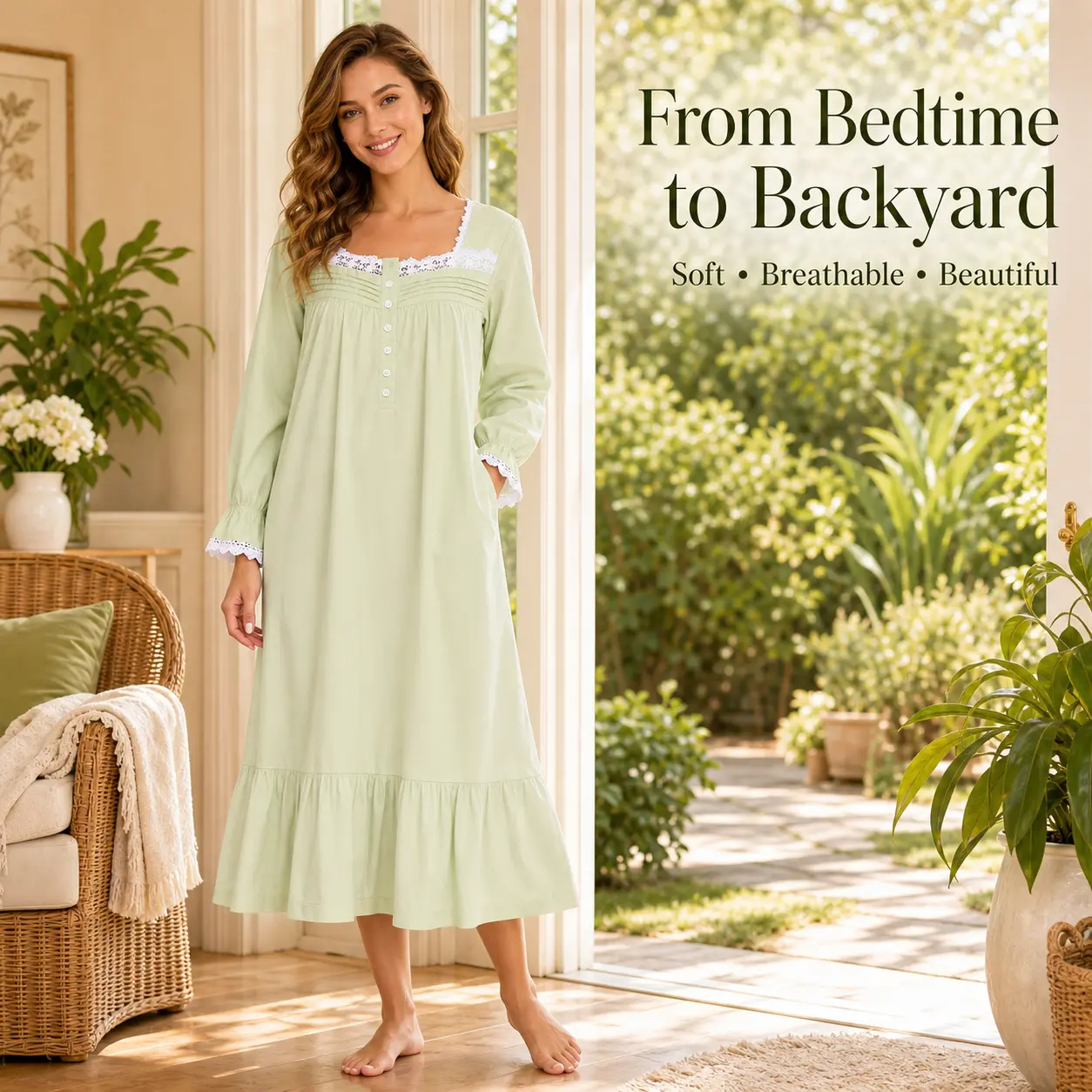 Viakeo 100% Cotton Nightgowns For Women Victorian Night Gown Long Sleeve House Dress With Pockets