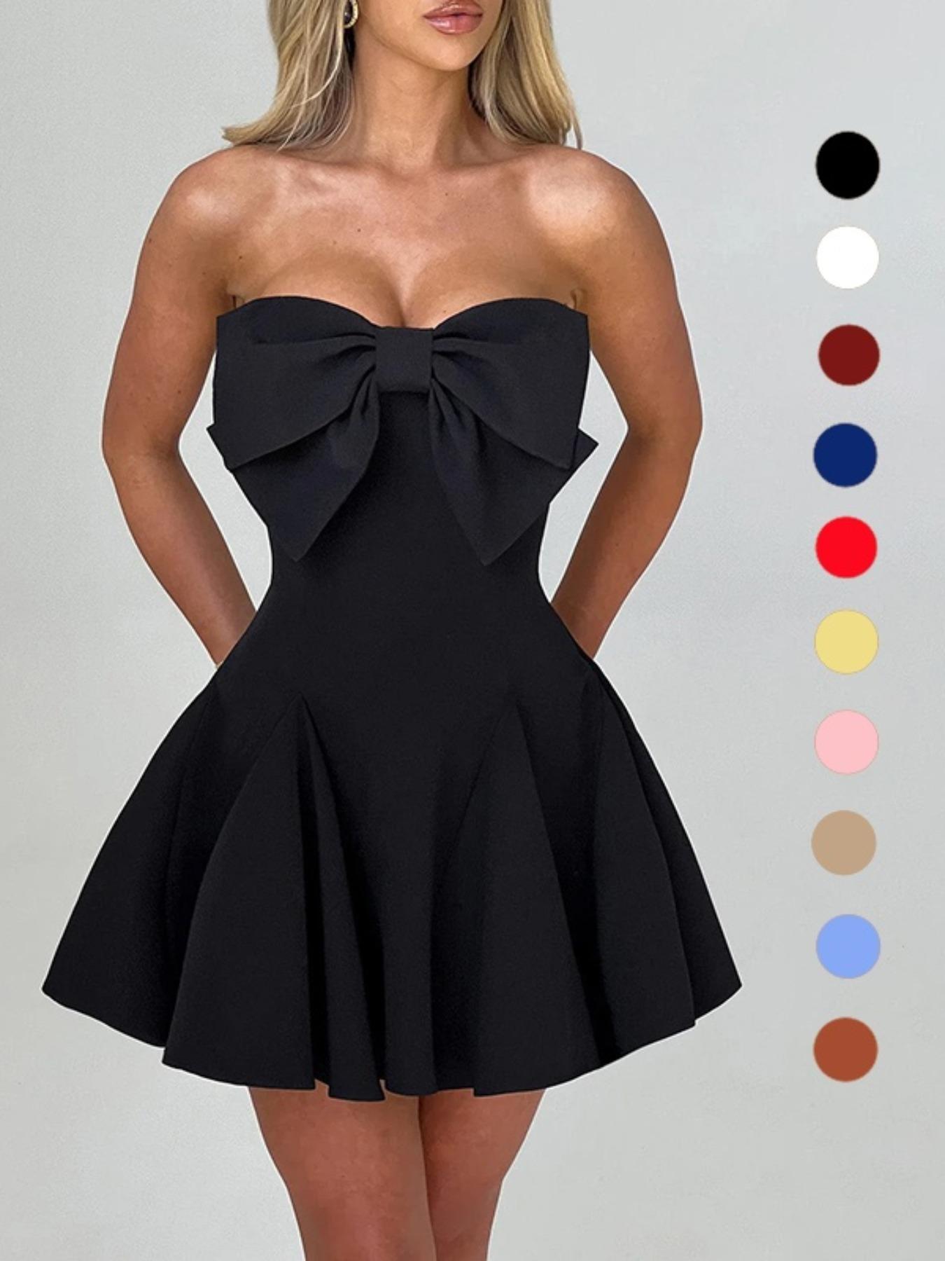 Women's Bow Decor Backless Tube Short Fitted Dress, Fashion Casual Strapless Sleeveless Fit and Flare Dress for Daily Outdoor Wear, Women Dress for Spring Fall