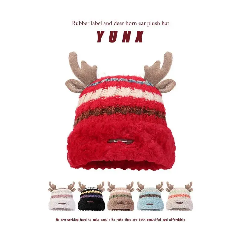 Women’s Christmas Reindeer Antler Knitted Beanie Hat - Earflap Fit, Color Block, Soft Thick Warm Cap for Winter Cold Weather, Christmas Party & Daily Wear (Sports & Outdoor Accessory)