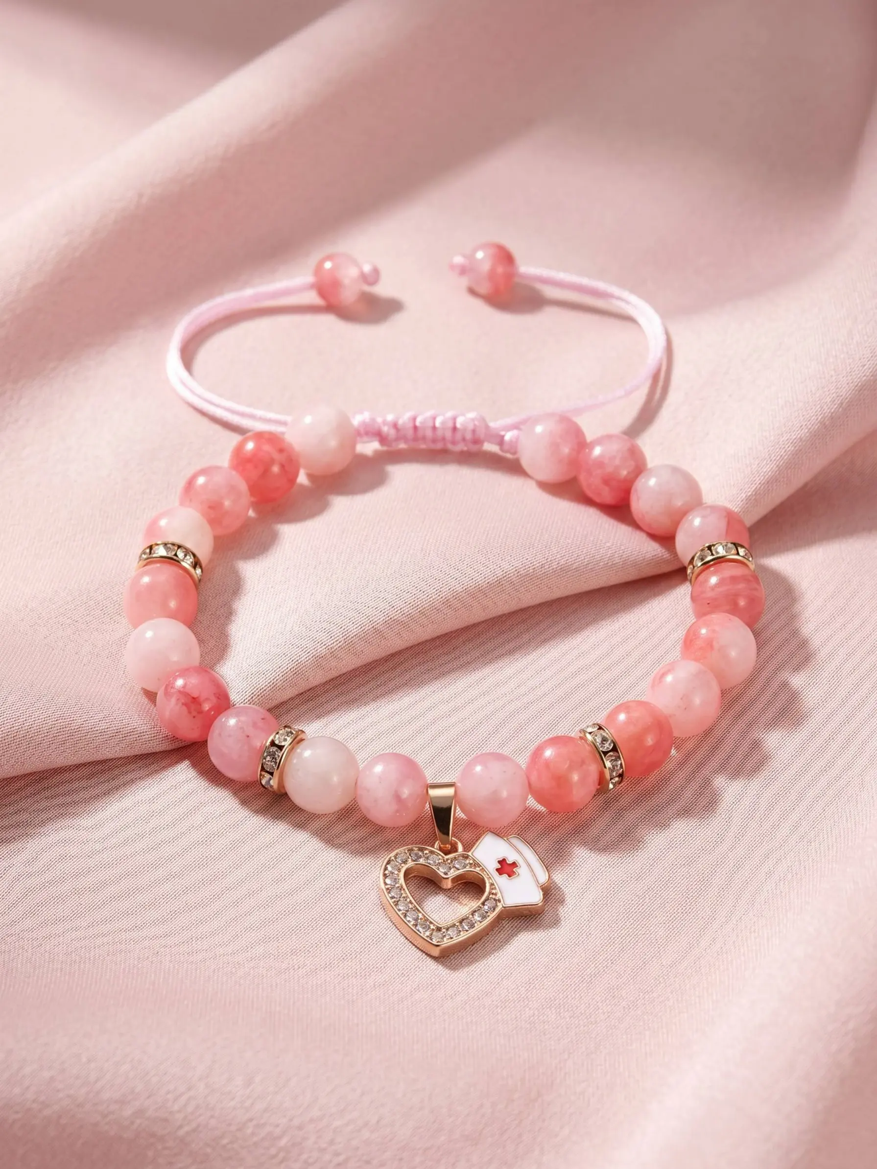 Pink Natural Stone Beaded Heart Shaped Bracelet with Crystal Heart Nurse Cap Charm Adjustable Braided Wristband Graduation Appreciation Jewelry Gift for Nurses Women
