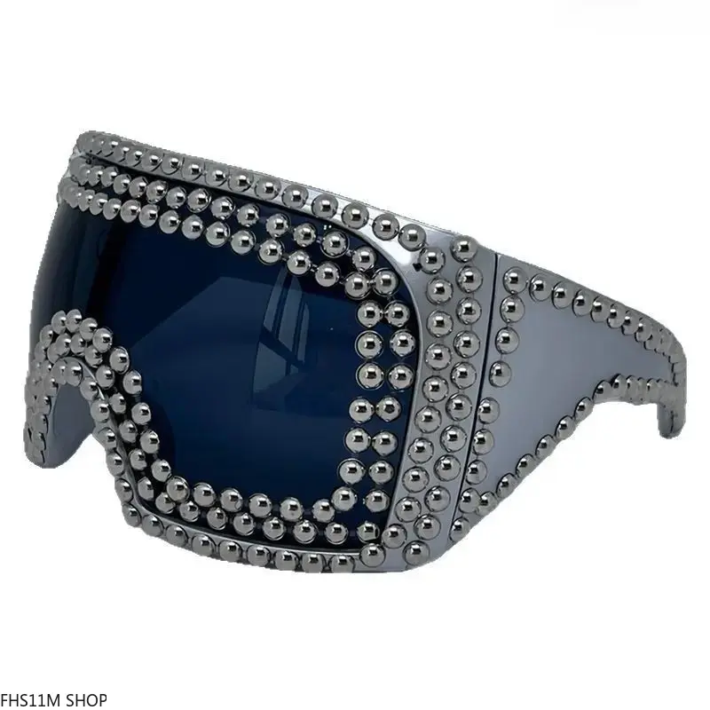 One Piece Shield Sunglasses UV400 Protection Silver Bead Trim Rave Festival Cosplay Streetwear Y2K Cyberpunk Aesthetic Unisex Exaggerated Statement Eyewear