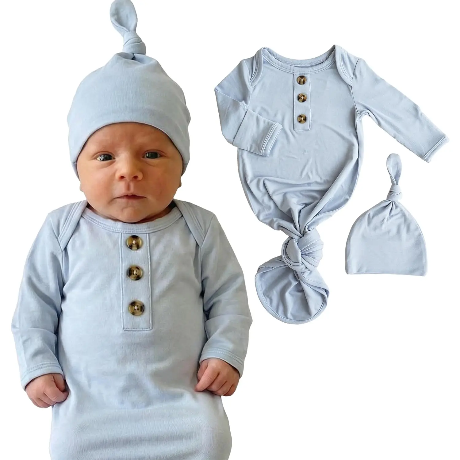 Unisex 0-3 Months Newborn Bamboo Fiber Gown with Hat, Soft Bamboo Viscose Baby Sack, Breathable Infant Nightgown