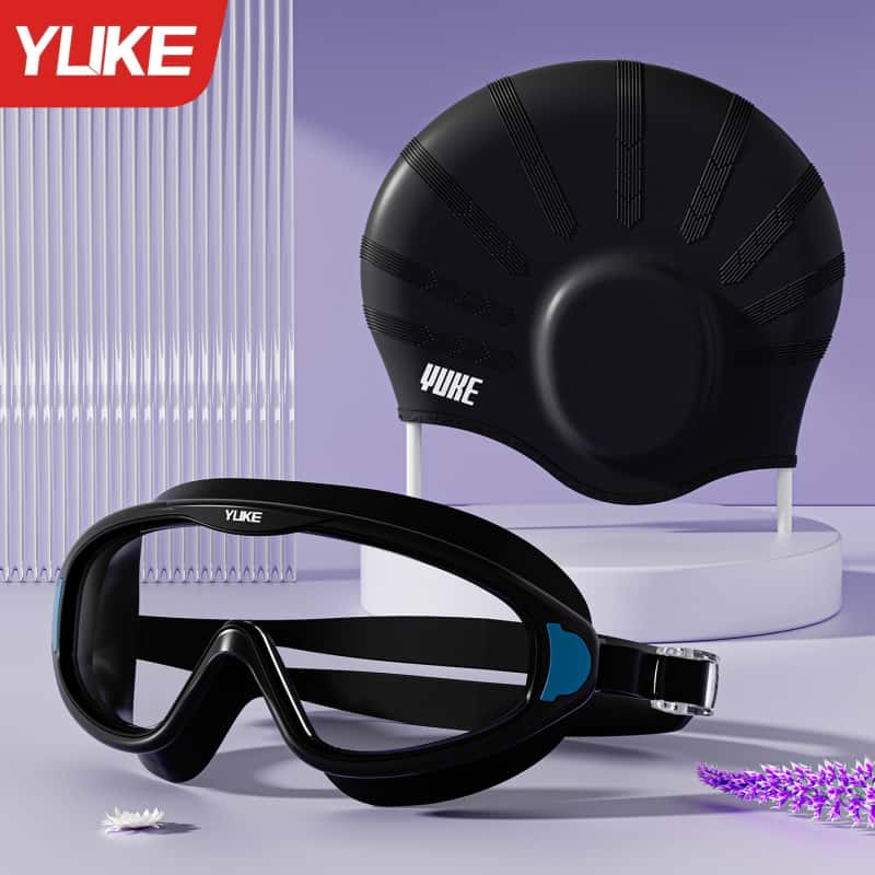 2-piece swim cap and goggles set designed to protect your ears and fit long hair perfectly