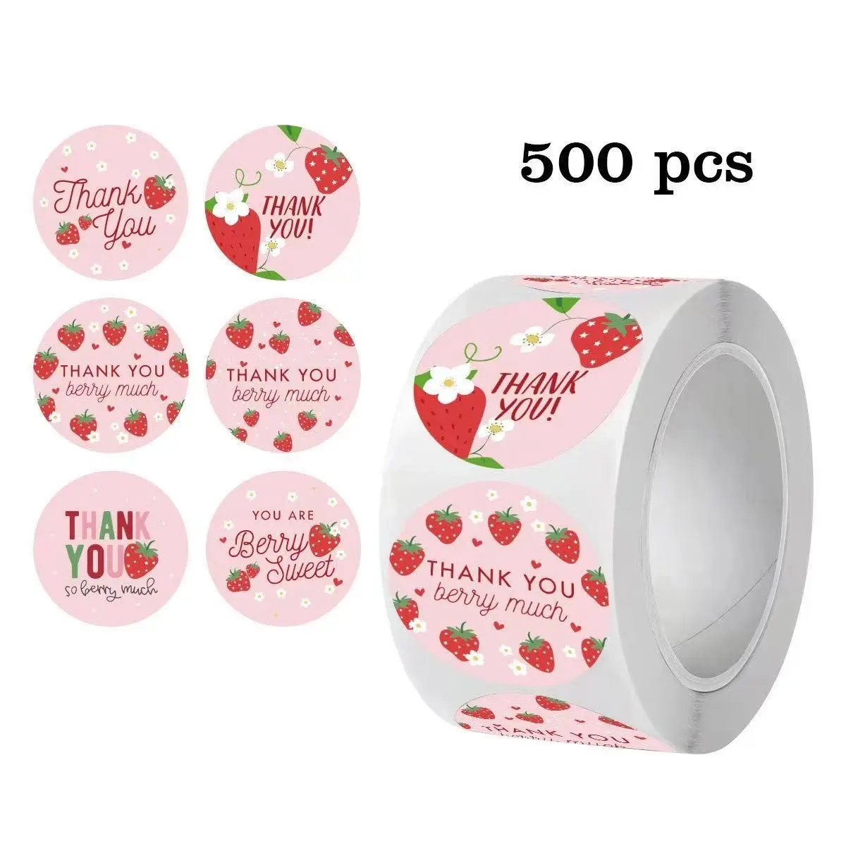 500 Stickers X 2 Rolls, Round Cute Cartoon Strawberry Thank You Decorative Stickers, Adhesive Sticky Labels for Packaging, Summer Birthday Party Decorations