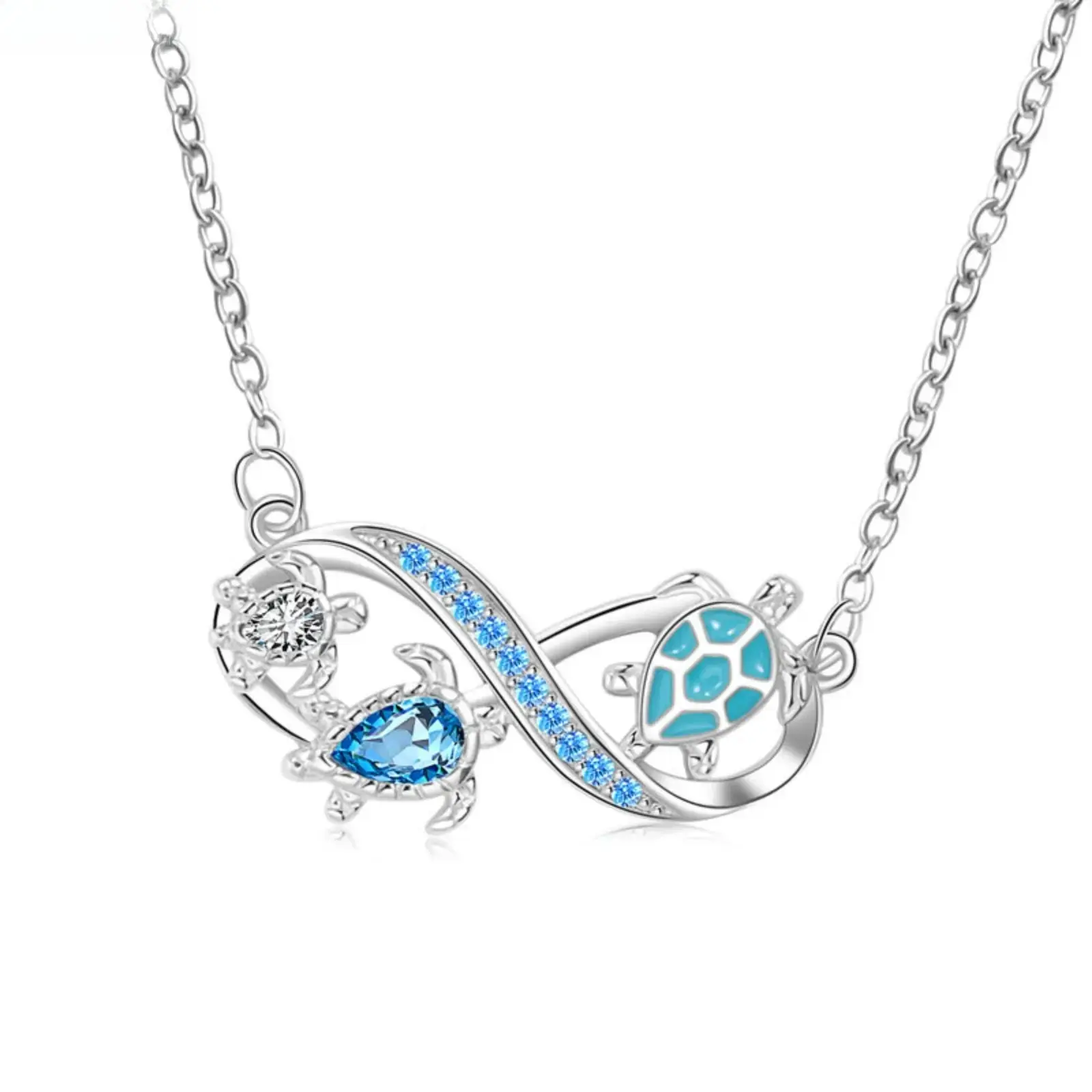 Sea Turtle Pendant Necklace for Women, Elegant Metal Jewelry with Blue Diamond Infinity Design, Ocean-Inspired Mother's Day Gift, No, Animal