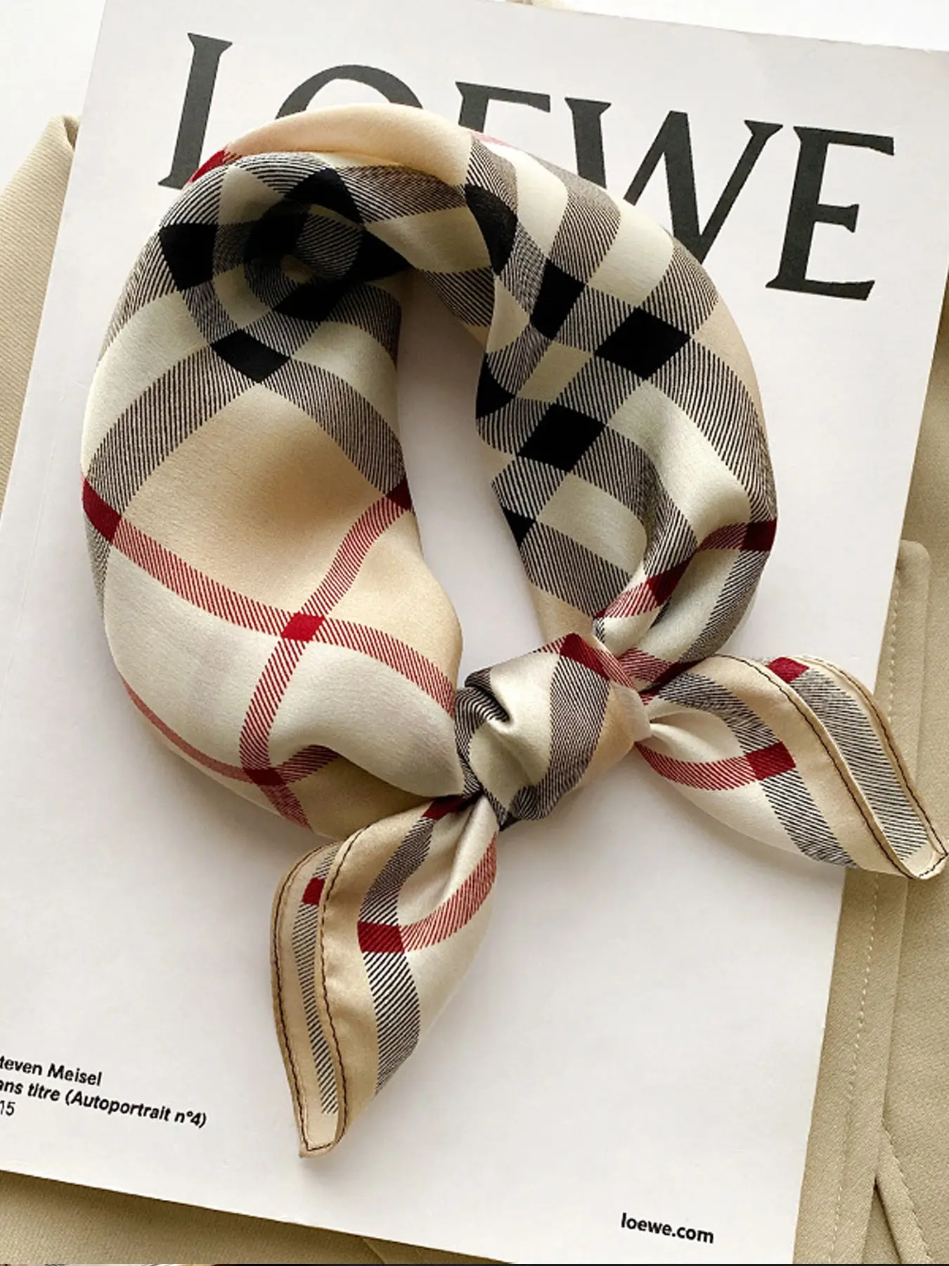 Classic Plaid Check Satin Square Silk Scarf, Boho Style, Loose-Fitting, All Seasons, Paisley Pattern, Elegant Accessory