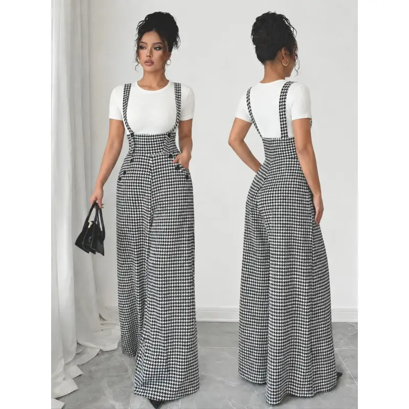 Women's Houndstooth Knit Pants - High Rise Wide Leg Trousers with Belt and Pockets for Casual Commuter Wear, Knit Fabric, Long Pants, Casual Wear, Bottoms, Side Pockets