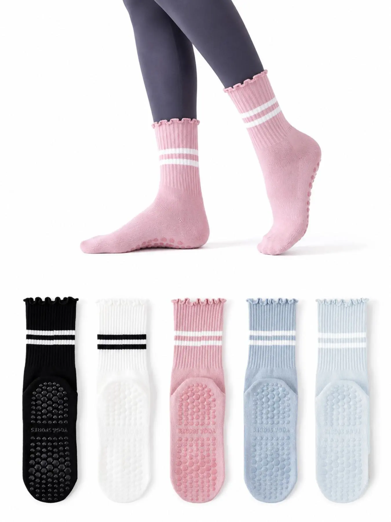 5 Pairs Colorful Ruffle Stripe Yoga Socks for Women, Non-Slip Grip Sports Socks, All Season Socks, Ideal for Yoga, Pilates, Indoor Fitness, Home Workout