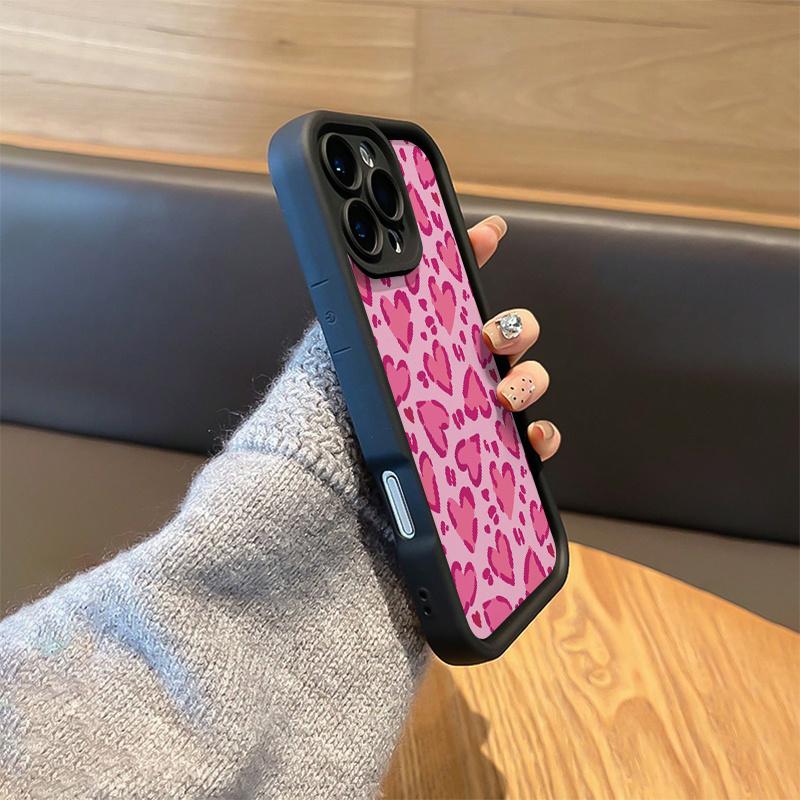 Phone Case: 1 High Bamboo Black and Pink Heart Leopard Print TPU Material Drop-Proof Case with Precise Cutouts and Full Coverage, Suitable for iPhone 17 E Air Pro ProMax iPhone16 15 14 Plus 13 12 Mini 11 X XS XR
