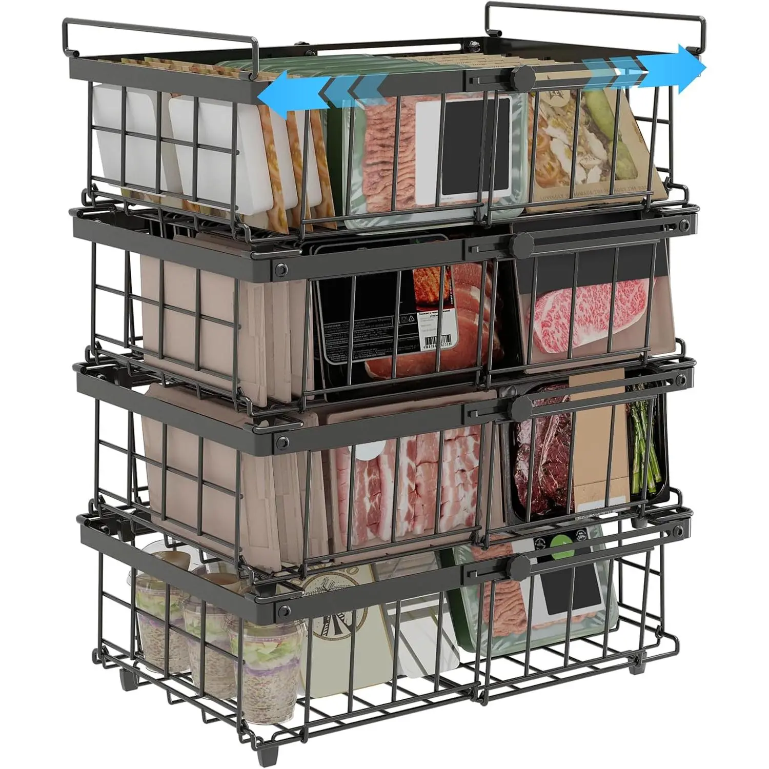 4-Pack Adjustable Freezer Storage Containers - Expandable Stackable Chest Freezer Organizer Bins, Large, 11.4"-17.9" Adjustment, Fits 10-20 Cu. Ft. Freezers, Black, Adjustable Size