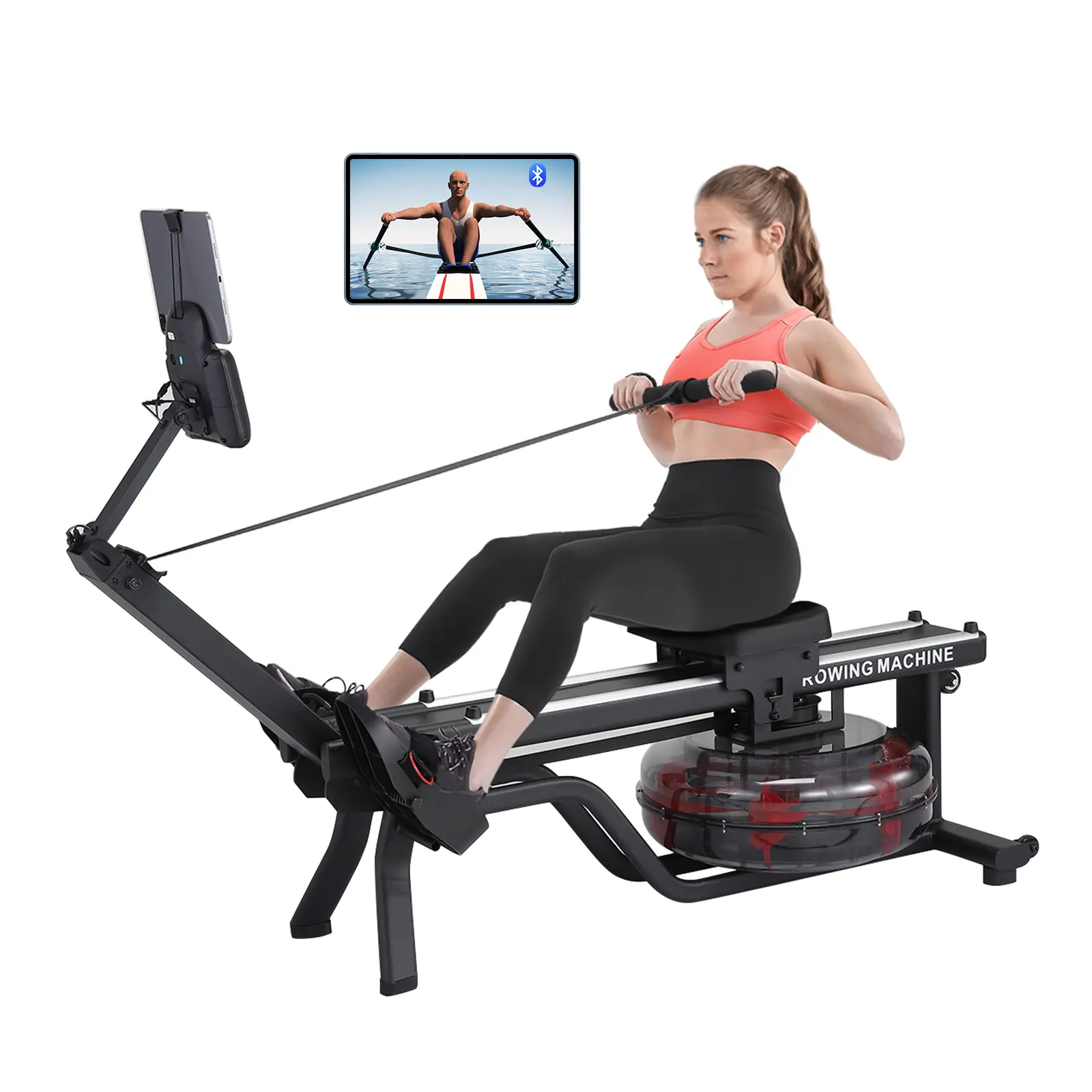 Collapsible Water Rowing Machine for Home Gym Cardio Workout, 380 lbs Load Capacity with Wide Ergonomic Seat, Digital Monitor, Tablet Holder, App Compatibility, Adjustable Fit & Compact Folded Design