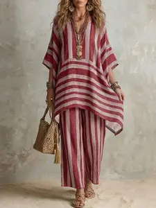 Women's Fashion Bohemian Print Striped Set, Perfect for Travel and Vacation, Stylish for Ladies, Trendy Clothing for Holidays