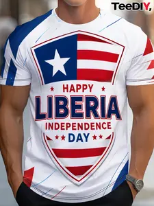 Liberia Independence Day Stars Men's Casual Print Short Sleeve T-Shirt, Round Neck, Breathable, Summer Beach, Vacation, Daily Wear
