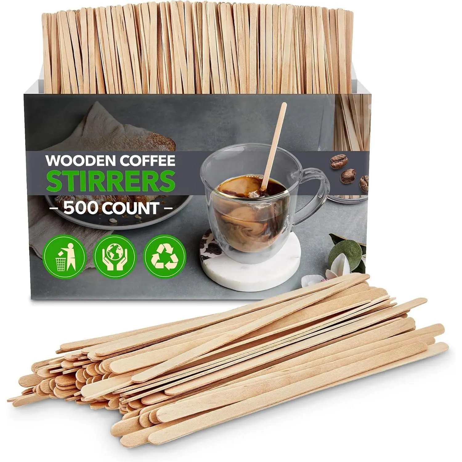 500 Count Wooden Coffee Stir Sticks, Bulk  Stirrers for Coffee and , Disposable Drink Stirrers for Hot Drinks, 5 Inch Wooden Coffee Stirrers for , No Plastic Stir Sticks