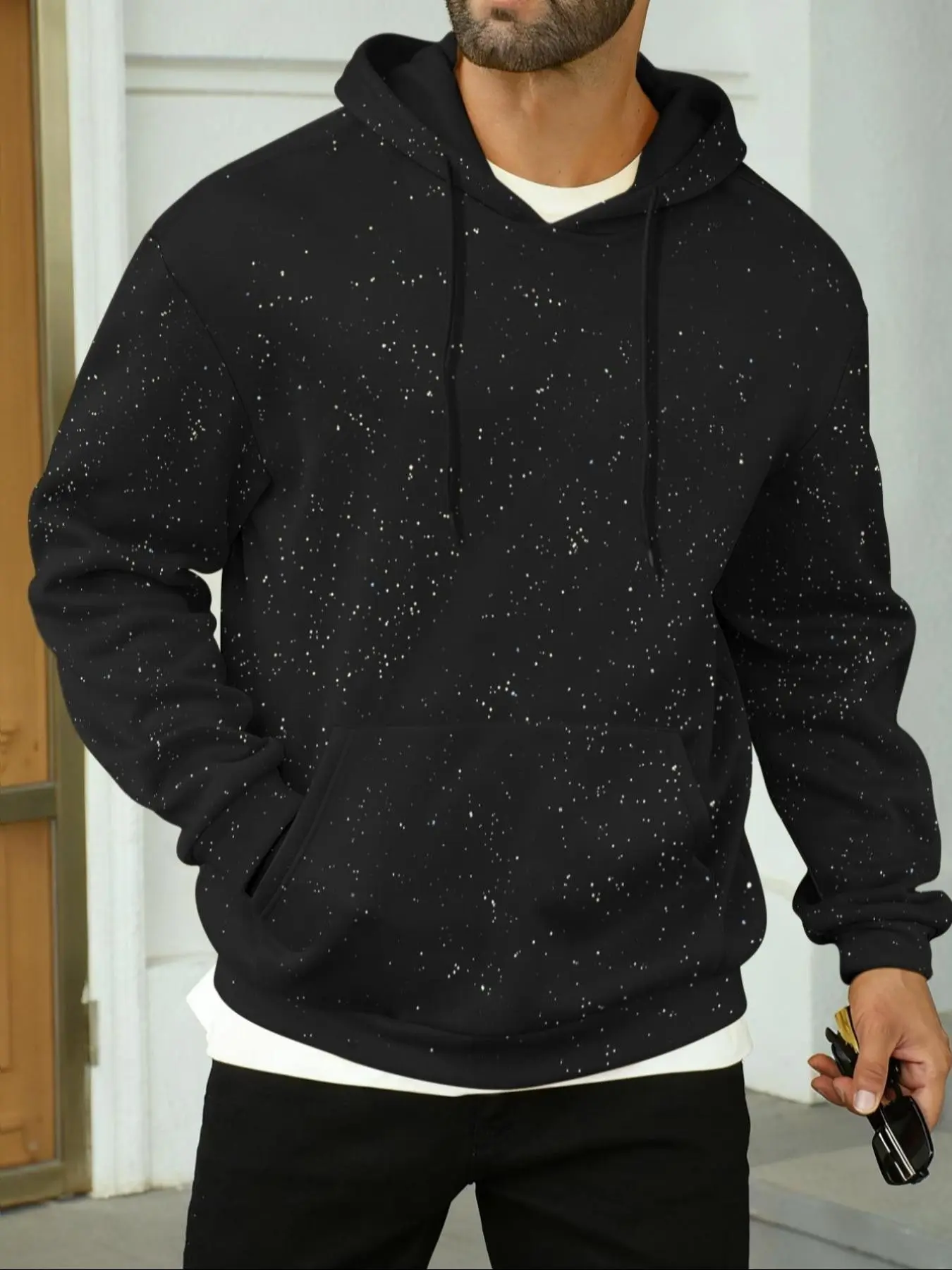 Hot Selling Dark Street Full Star Flash Men's Hoodie, Silver Color Sequins, Adjustable Drawstring Hat, Kangaroo Pocket, Casual Long Sleeve Sweatshirt