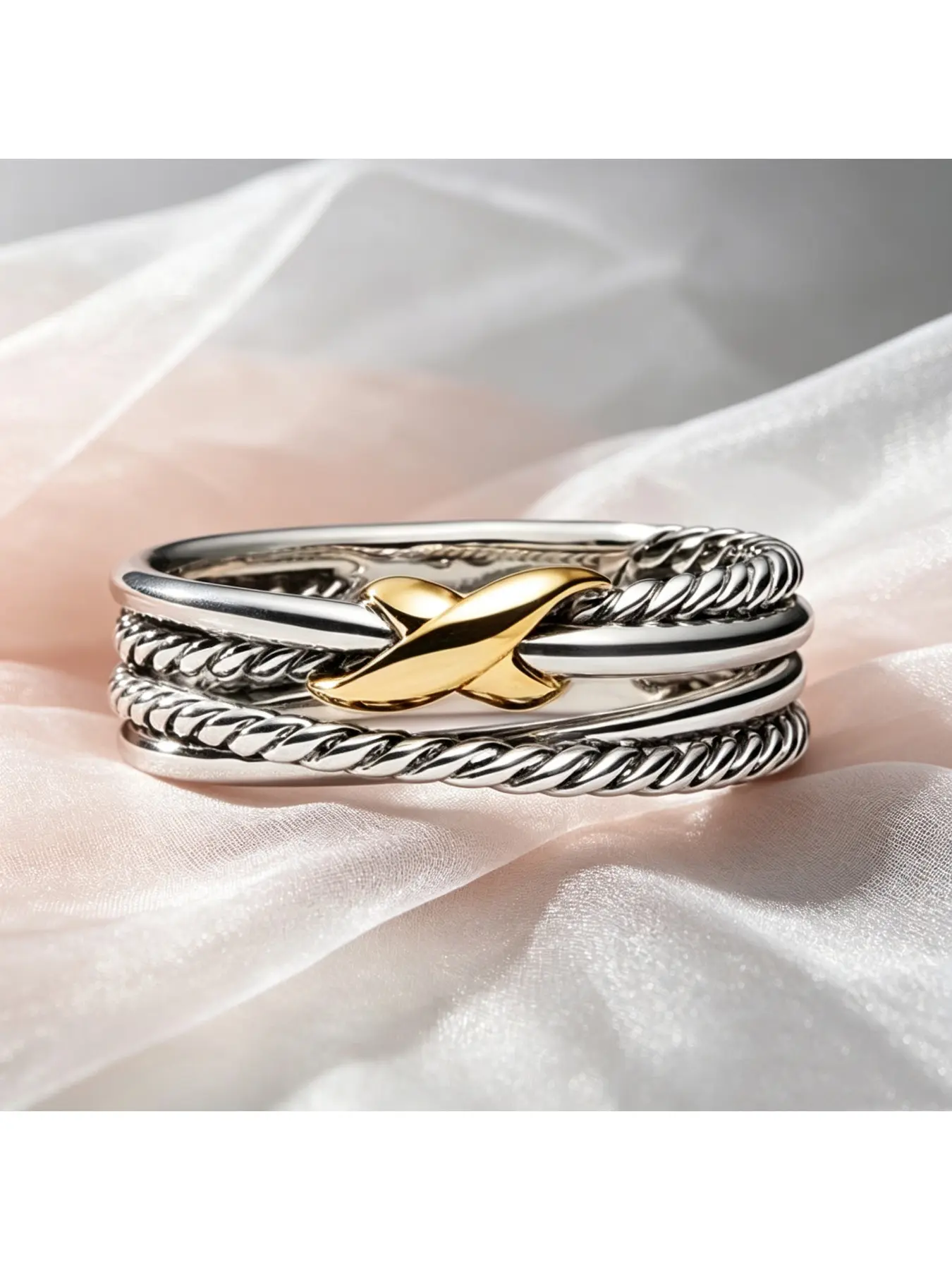 Two-tone Twisted Cable Crossover Mixed Metal Wide Band Retro Luxury Statement Ring, Textured Promise Ring, Classy Anniversary Ring, Elegant Exaggerated Ring, Textured Dainty Jewelry for Thanksgiving Dinners, Christmas Daily Wear & Gift Occasions
