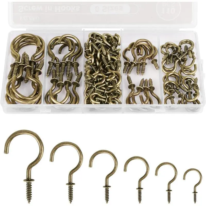 110-Pack Heavy Duty Black Metal Screw Hooks, 6 Sizes Cup Hooks for Mugs/Plants, Keys, String Lights, Indoor/Outdoor Home Supplies Use